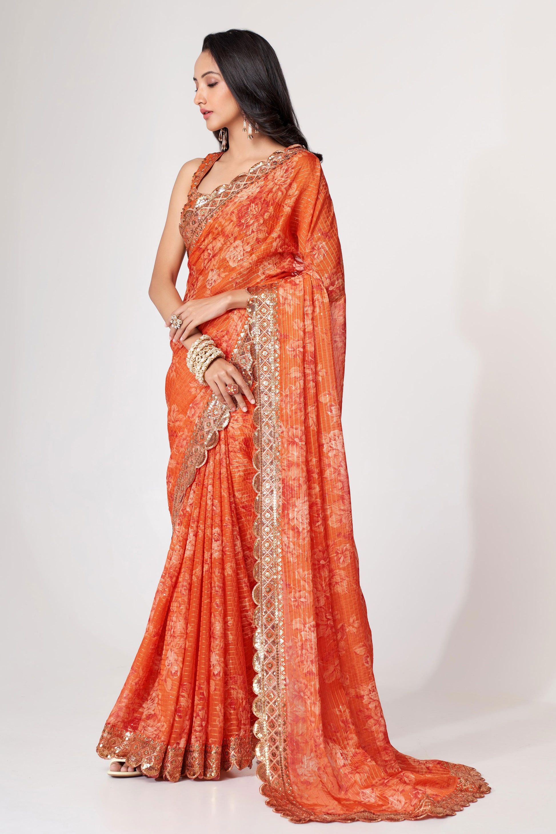 Orange Embroidered Organza Saree-ZB131750_2