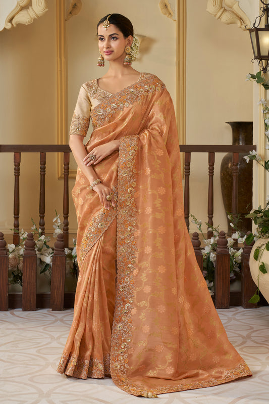 Orange Peach Pure Tissue Silk Saree