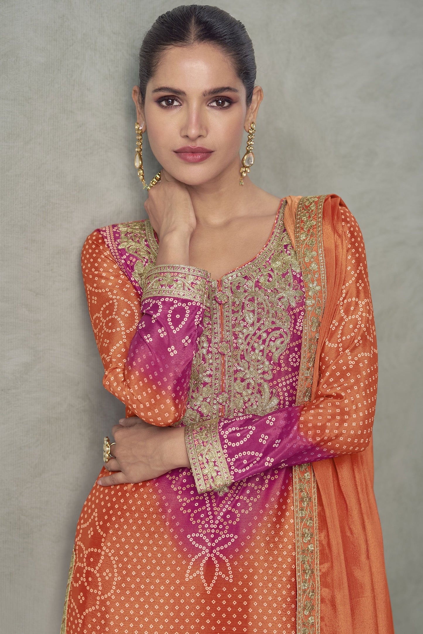 Orange Pink Readymade Embroidered Chinon Silk Suit-SS924_2_SareeButa.com