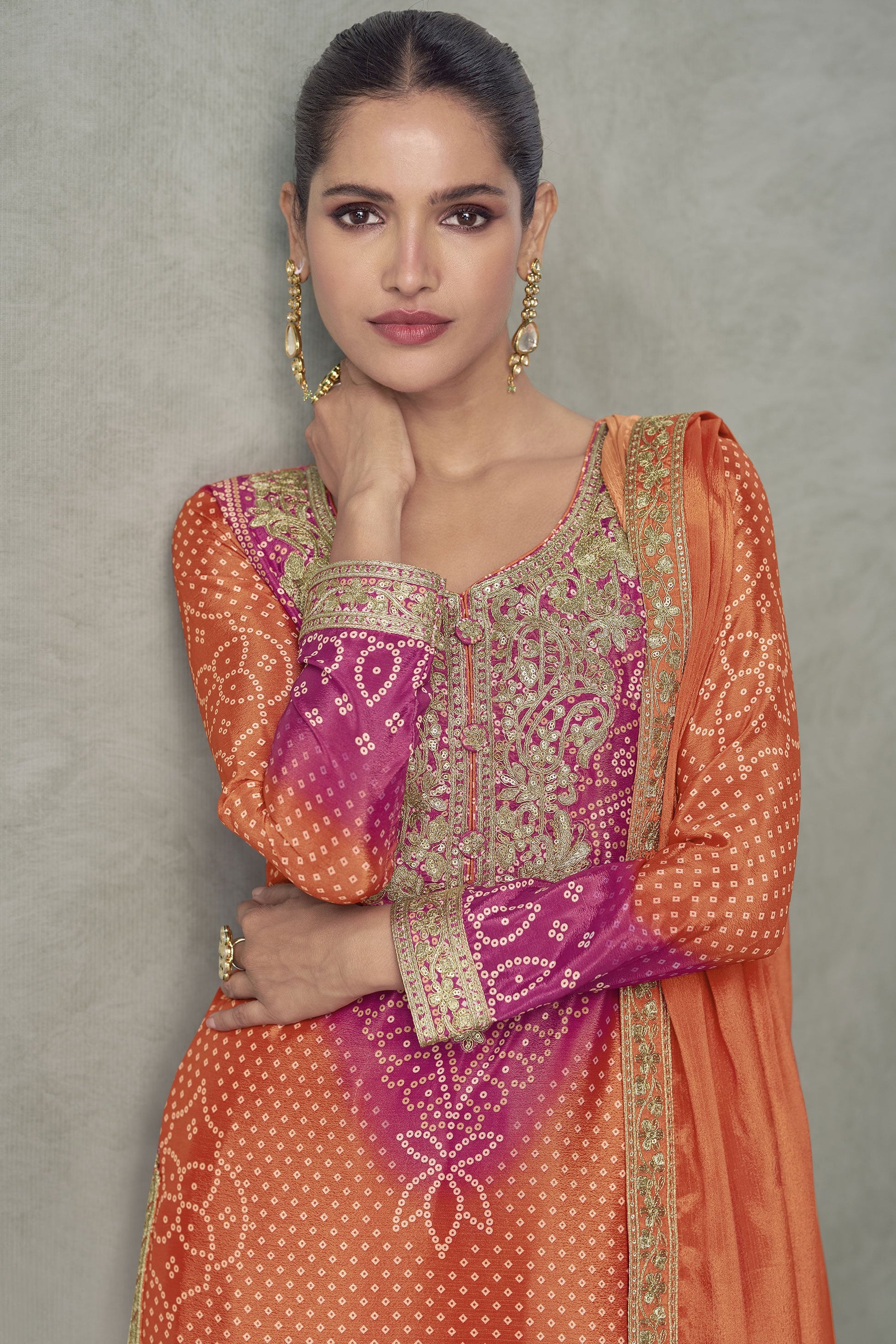Orange Pink Readymade Embroidered Chinon Silk Suit-SS924_2_SareeButa.com