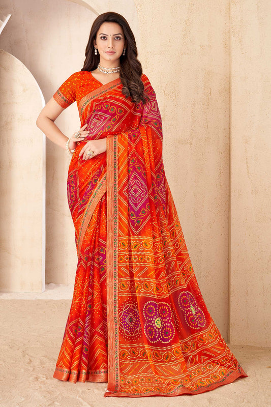 Orange Printed Chiffon Bandhani Saree-ZB134675_1_SareeButa.com