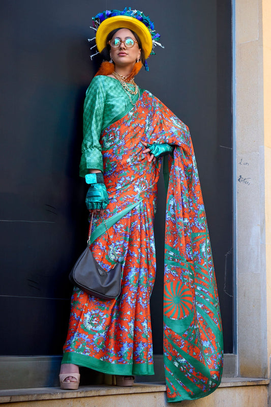 Orange Printed Crepe Saree-ZB132994_1