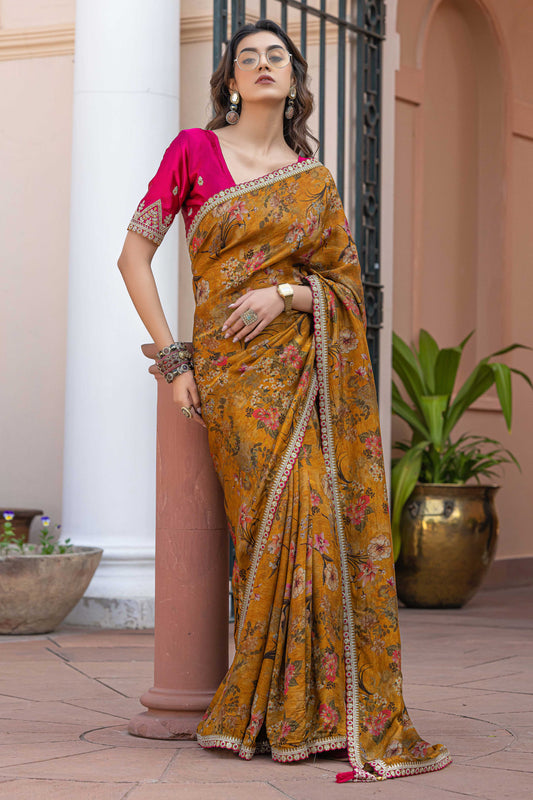 Orange Printed Viscose Silk Saree with Lace Border-ZB134626_1_SareeButa.com
