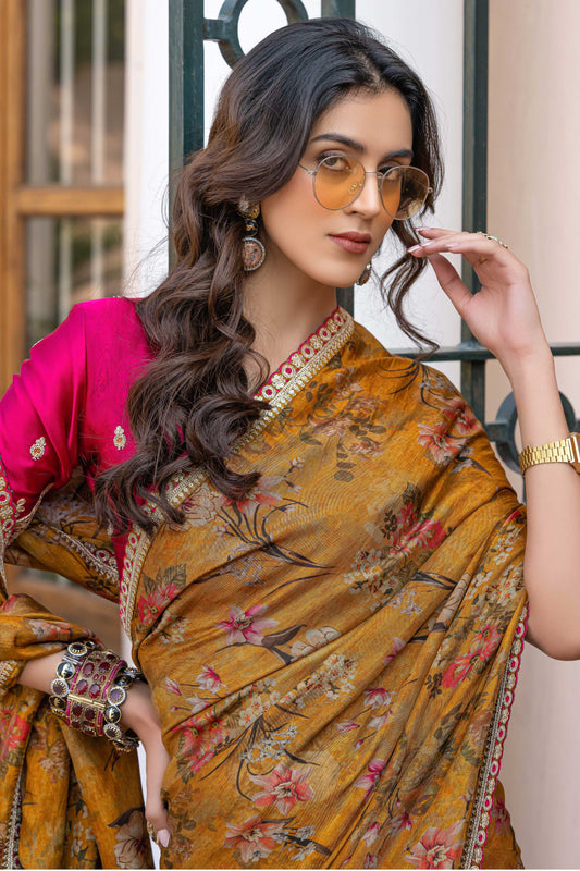 Orange Printed Viscose Silk Saree with Lace Border-ZB134626_2_SareeButa.com