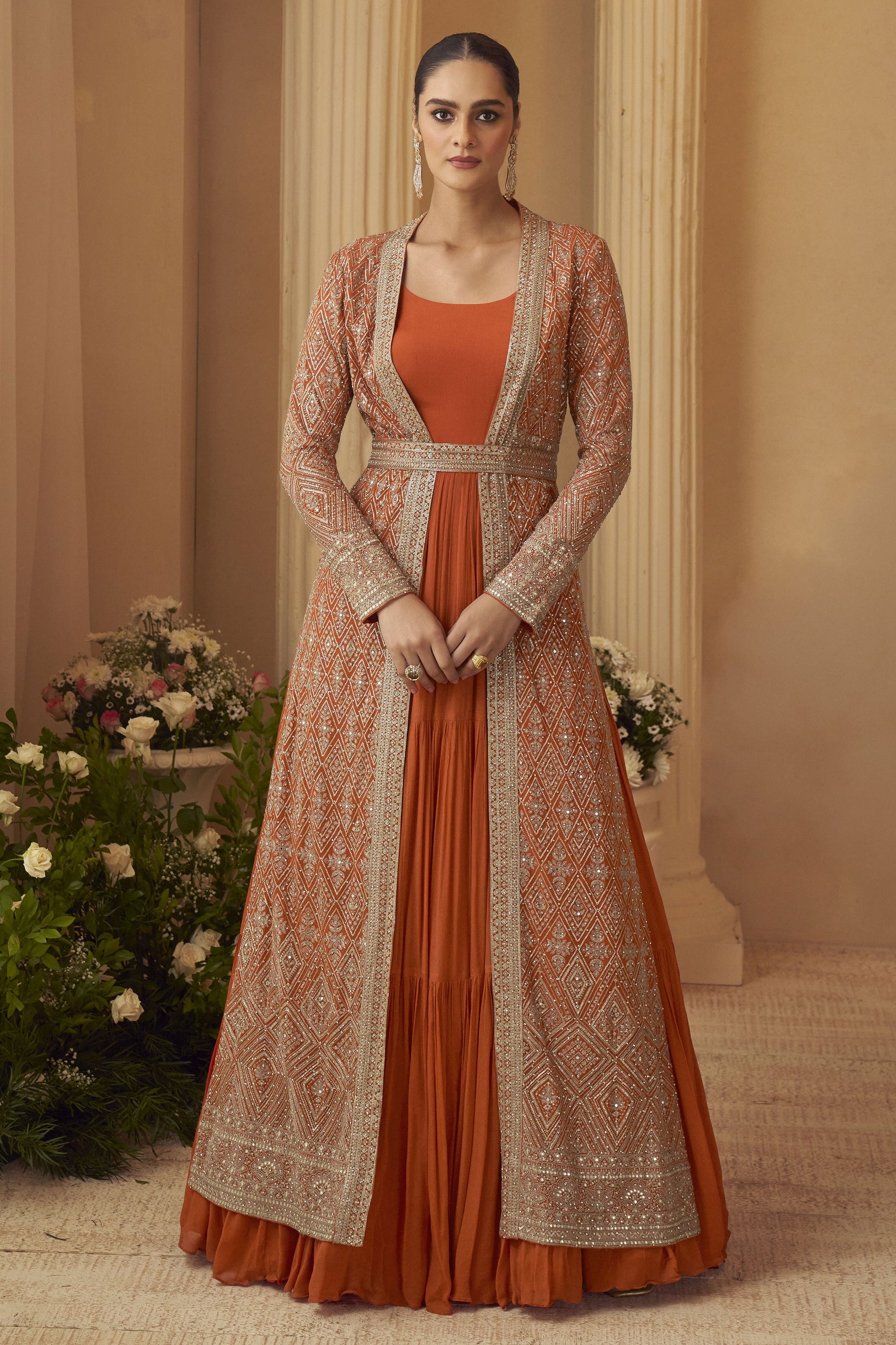 Orange Readymade Chinon Silk Gown with Jacket-SS871_1_SareeButa.com