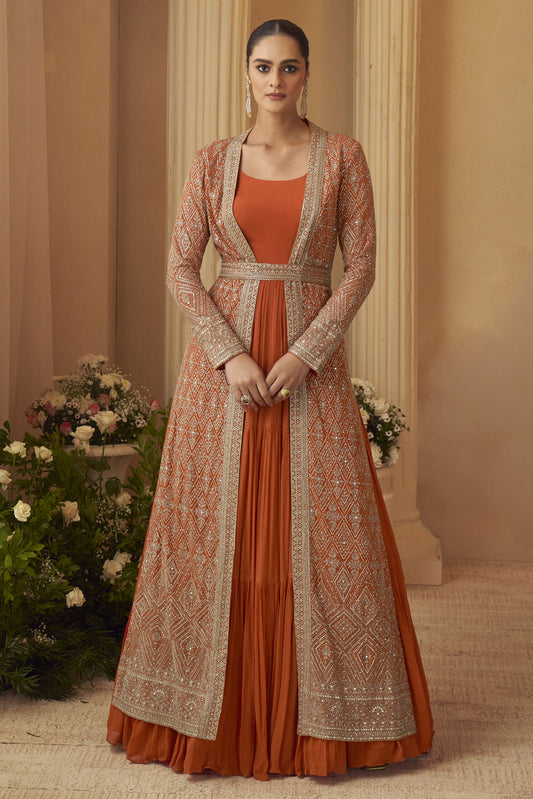 Orange Readymade Chinon Silk Gown with Jacket-SS871_1_SareeButa.com