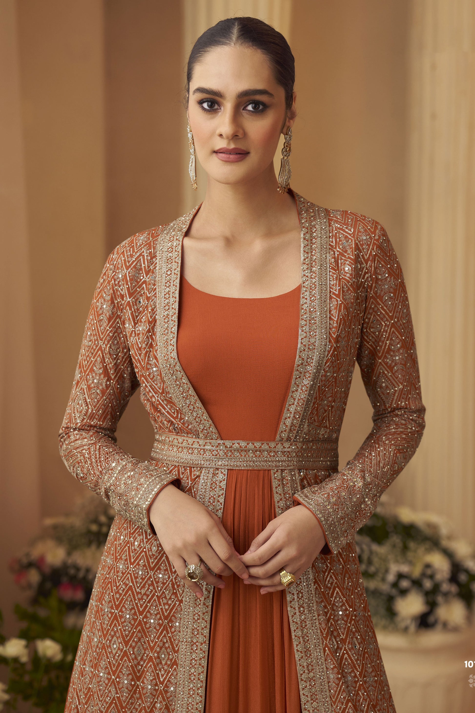 Orange Readymade Chinon Silk Gown with Jacket-SS871_2_SareeButa.com