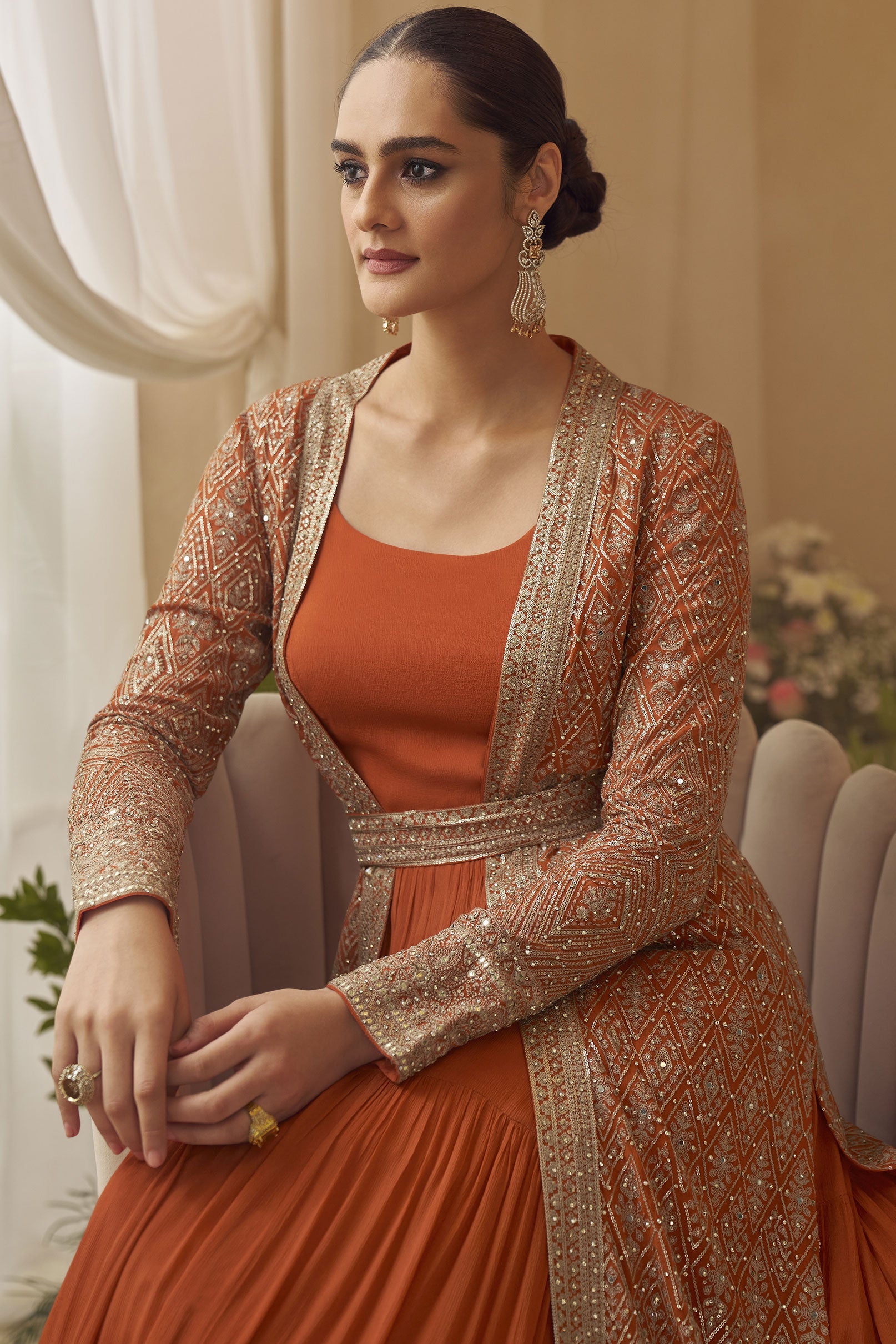 Orange Readymade Chinon Silk Gown with Jacket-SS871_4_SareeButa.com