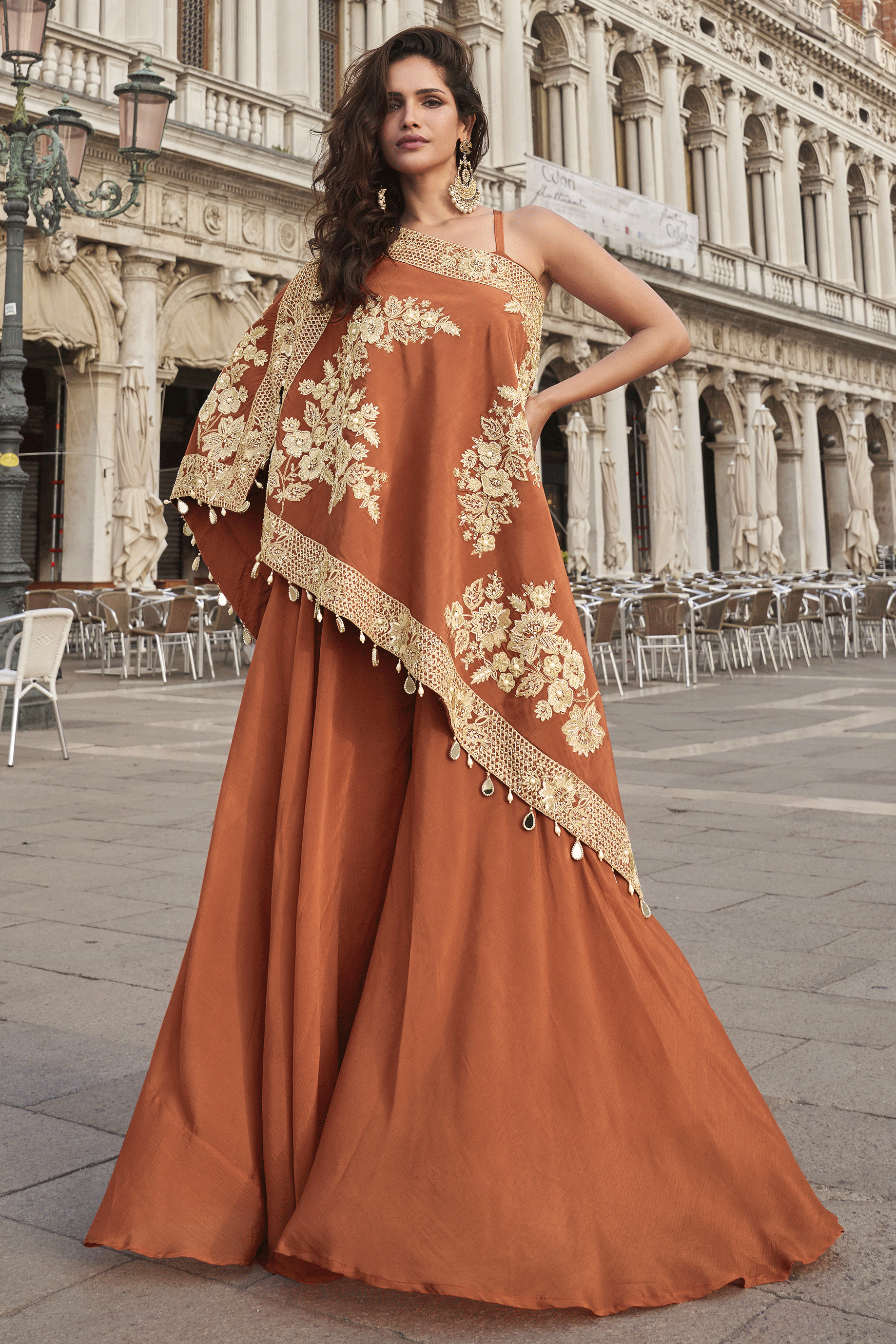 Orange Readymade Crepe One-Shoulder Palazzo Set-SS861_1_SareeButa.com