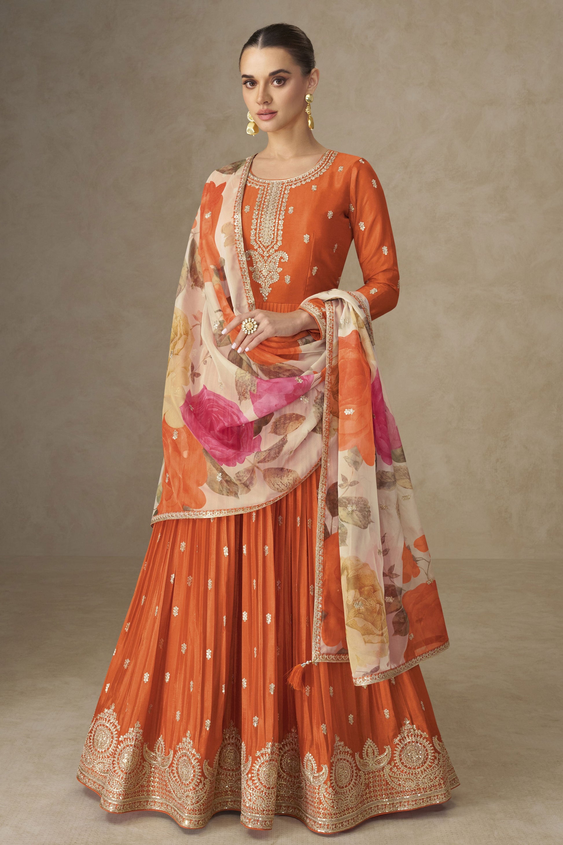 Orange Readymade Embroidered Chinon Gown With Dupatta-SS836_1_SareeButa.com
