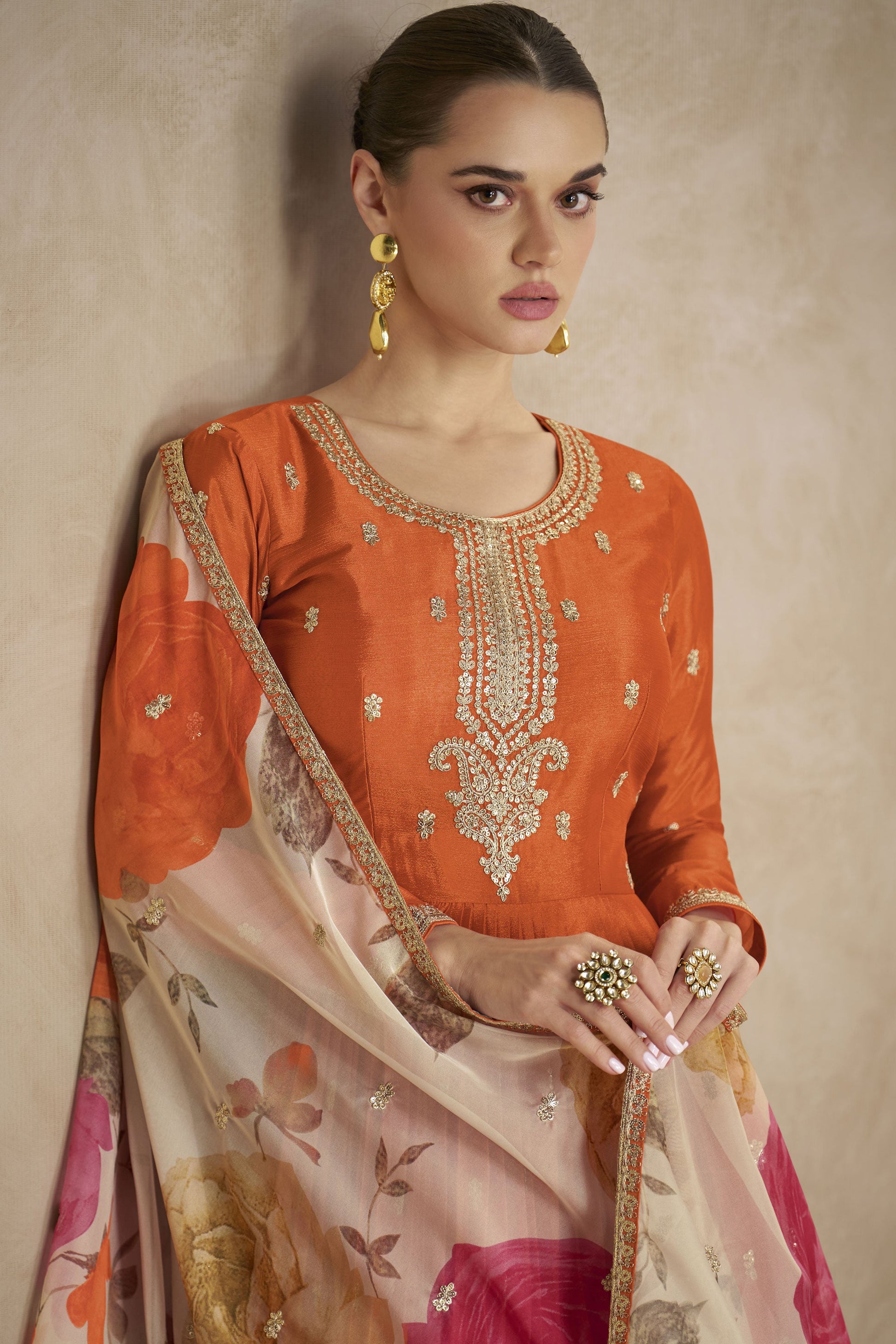 Orange Readymade Embroidered Chinon Gown With Dupatta-SS836_2_SareeButa.com
