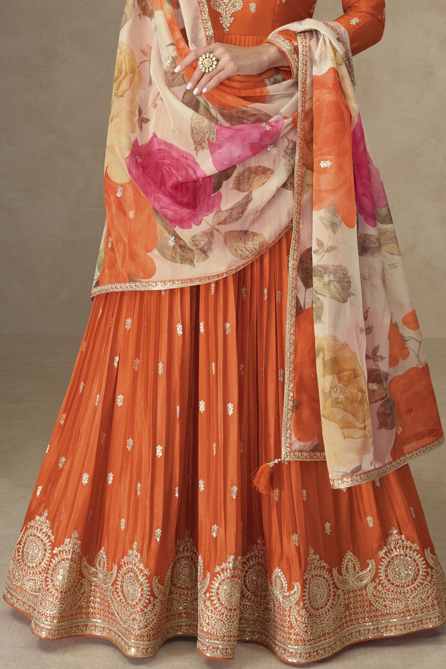 Orange Readymade Embroidered Chinon Gown With Dupatta-SS836_3_SareeButa.com
