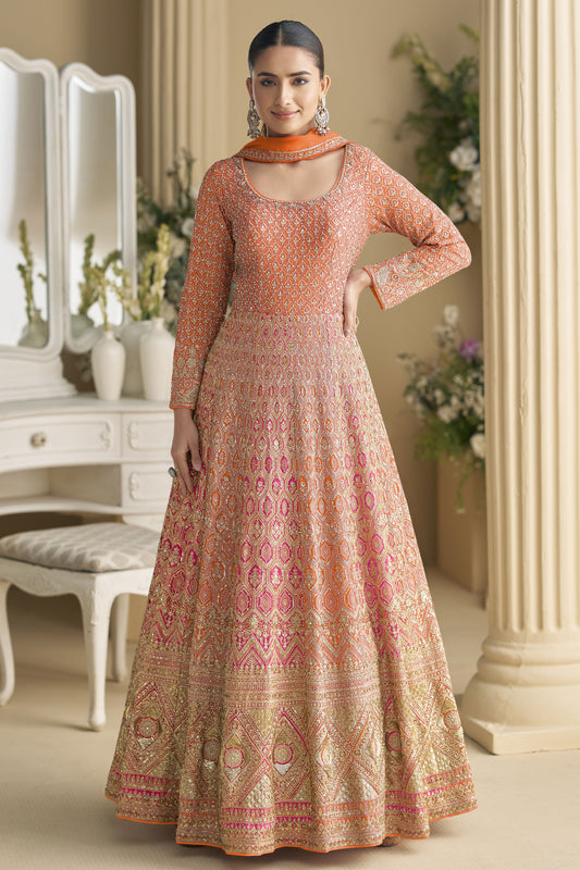 Orange Readymade Embroidered Georgette Gown with Dupatta-SS917_1_SareeButa.com