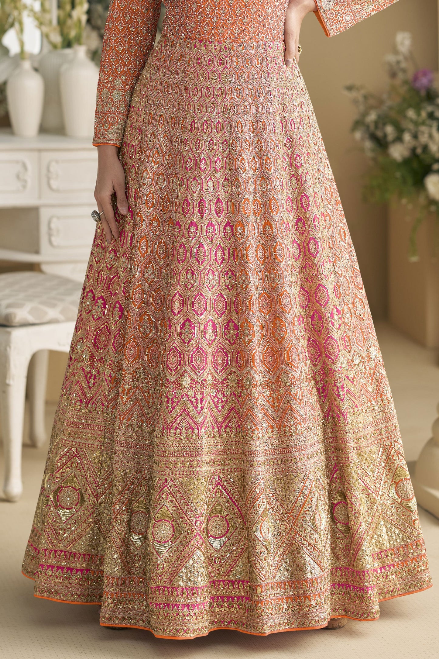 Orange Readymade Embroidered Georgette Gown with Dupatta-SS917_3_SareeButa.com