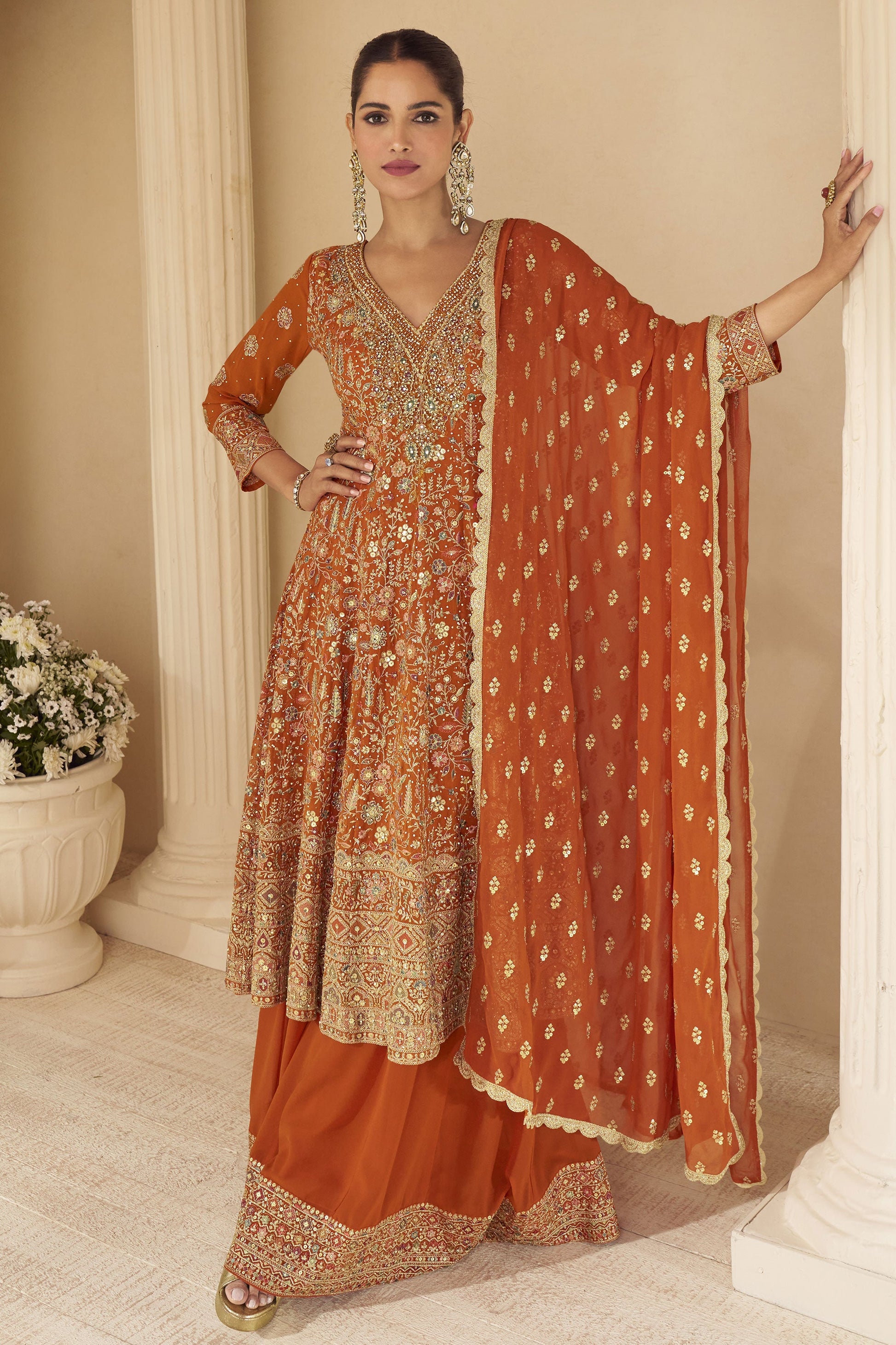 Orange Readymade Embroidered Georgette Suit-SS717_1_SareeButa.com