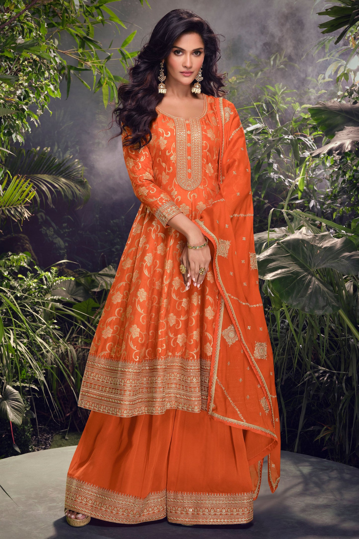 Orange Readymade Embroidered Jacquard Silk Suit-SS251_1_SareeButa.com