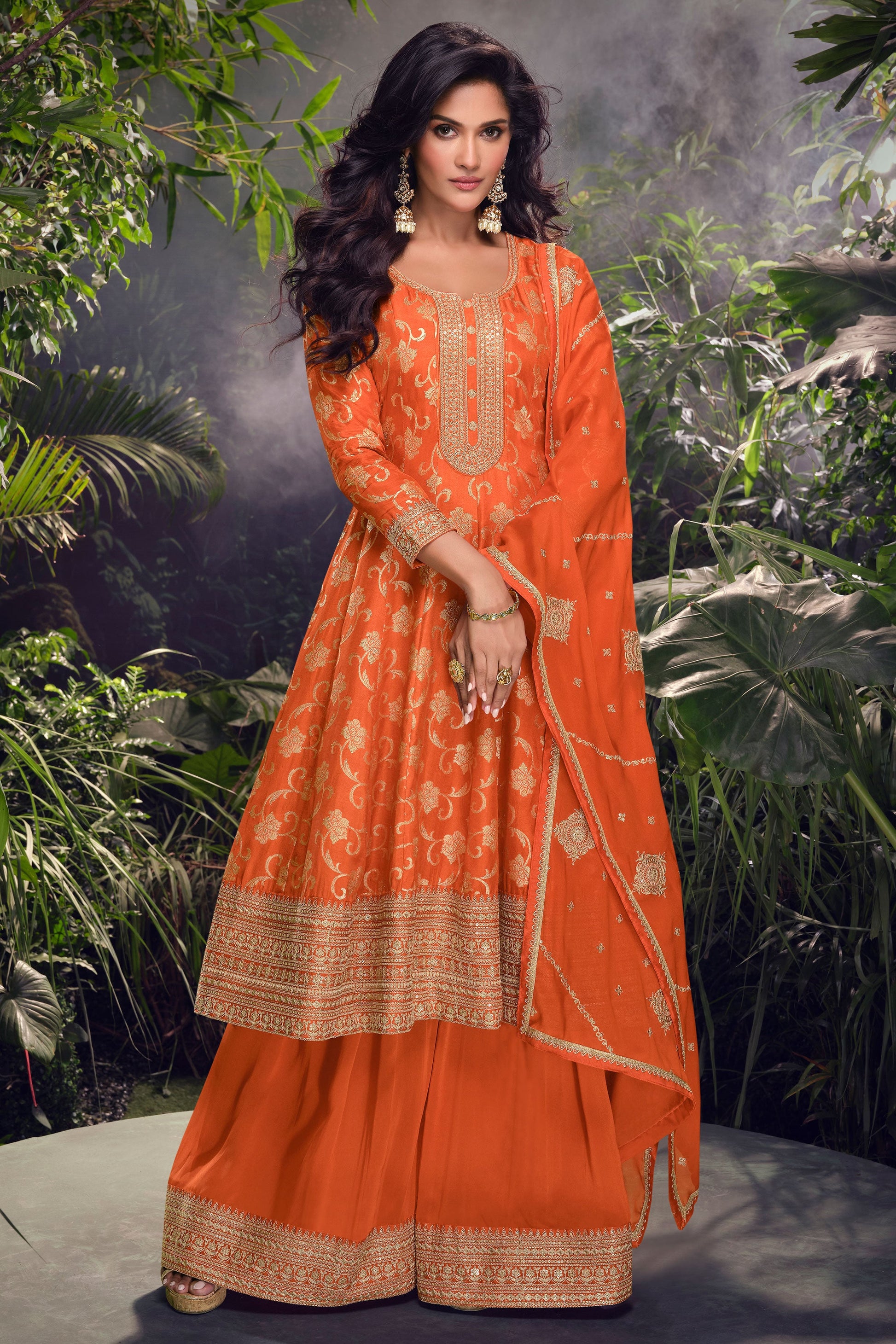 Orange Readymade Embroidered Jacquard Silk Suit-SS251_1_SareeButa.com