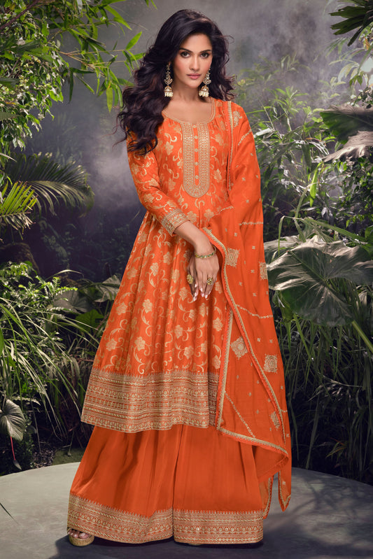 Orange Readymade Embroidered Jacquard Silk Suit-SS251_1_SareeButa.com