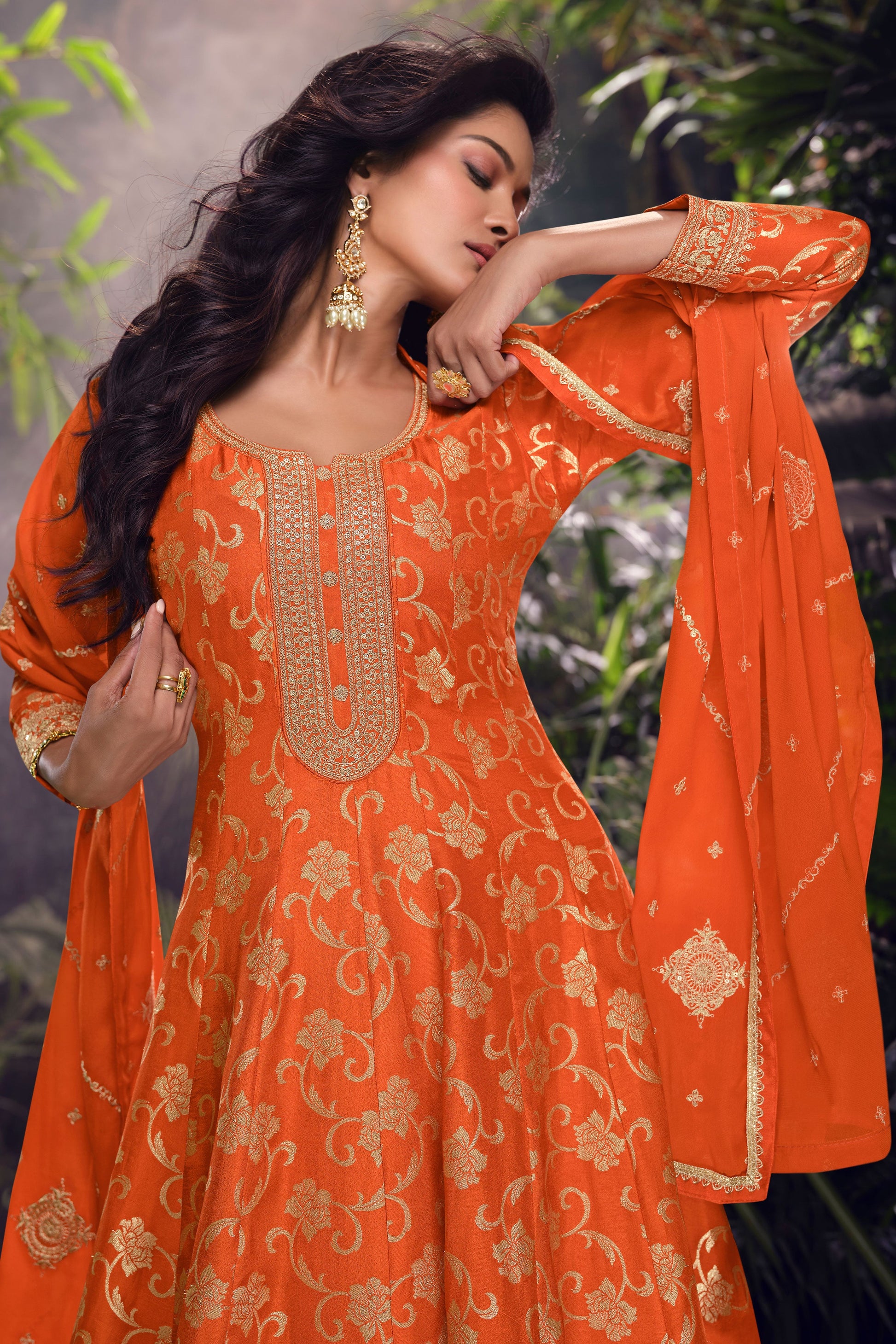 Orange Readymade Embroidered Jacquard Silk Suit-SS251_2_SareeButa.com