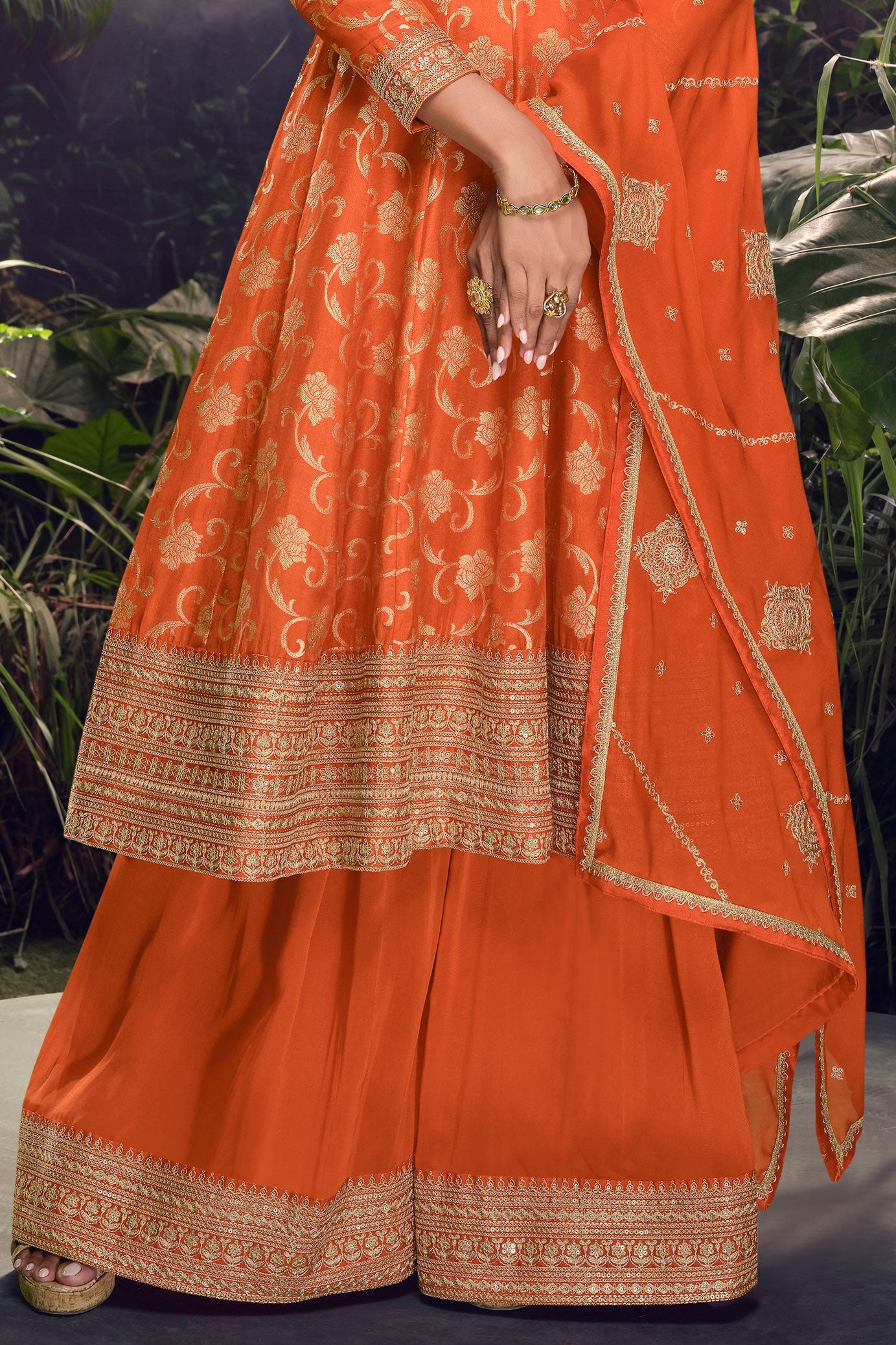 Orange Readymade Embroidered Jacquard Silk Suit-SS251_3_SareeButa.com