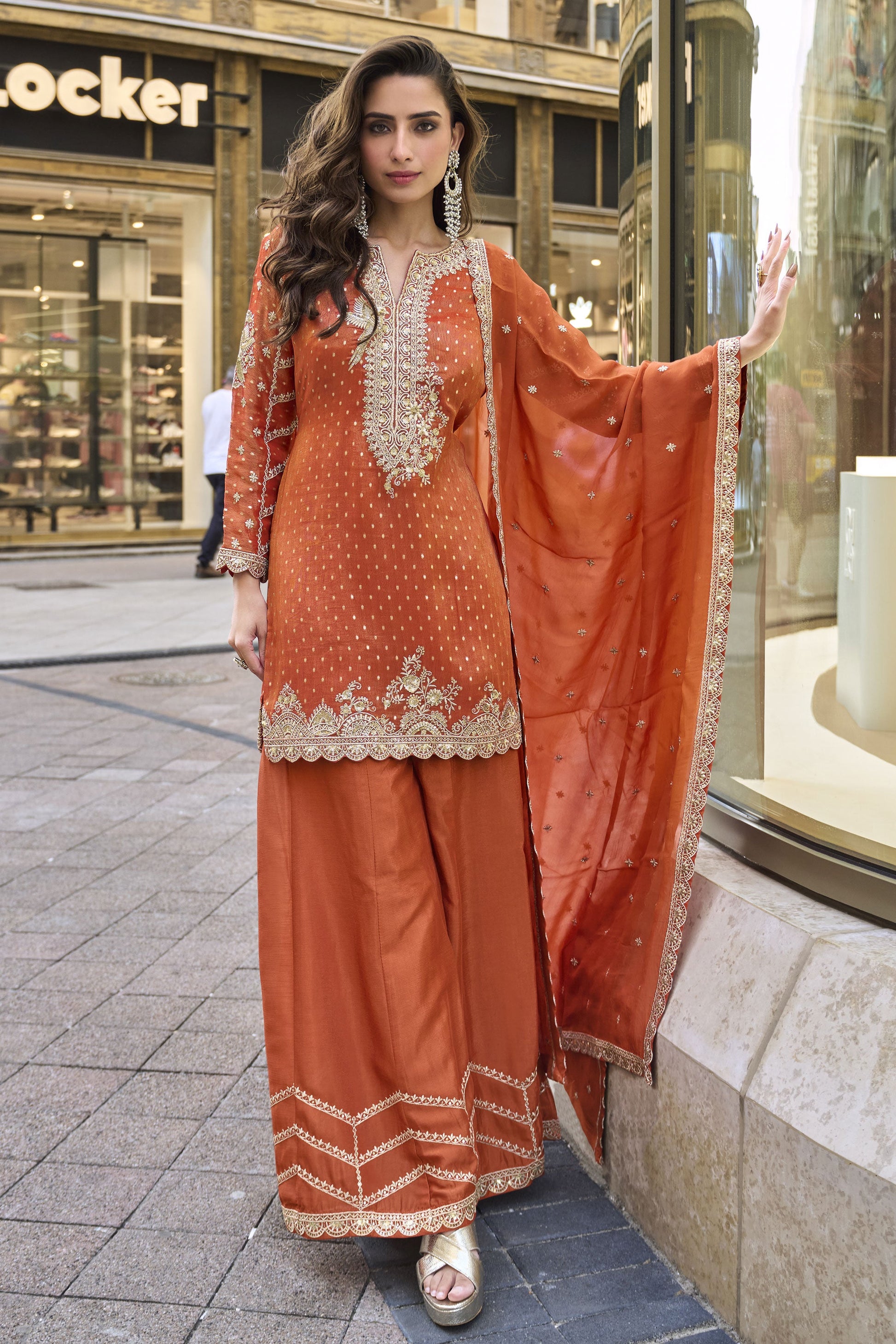 Orange Readymade Embroidered Viscose Silk Suit-SS919_1_SareeButa.com