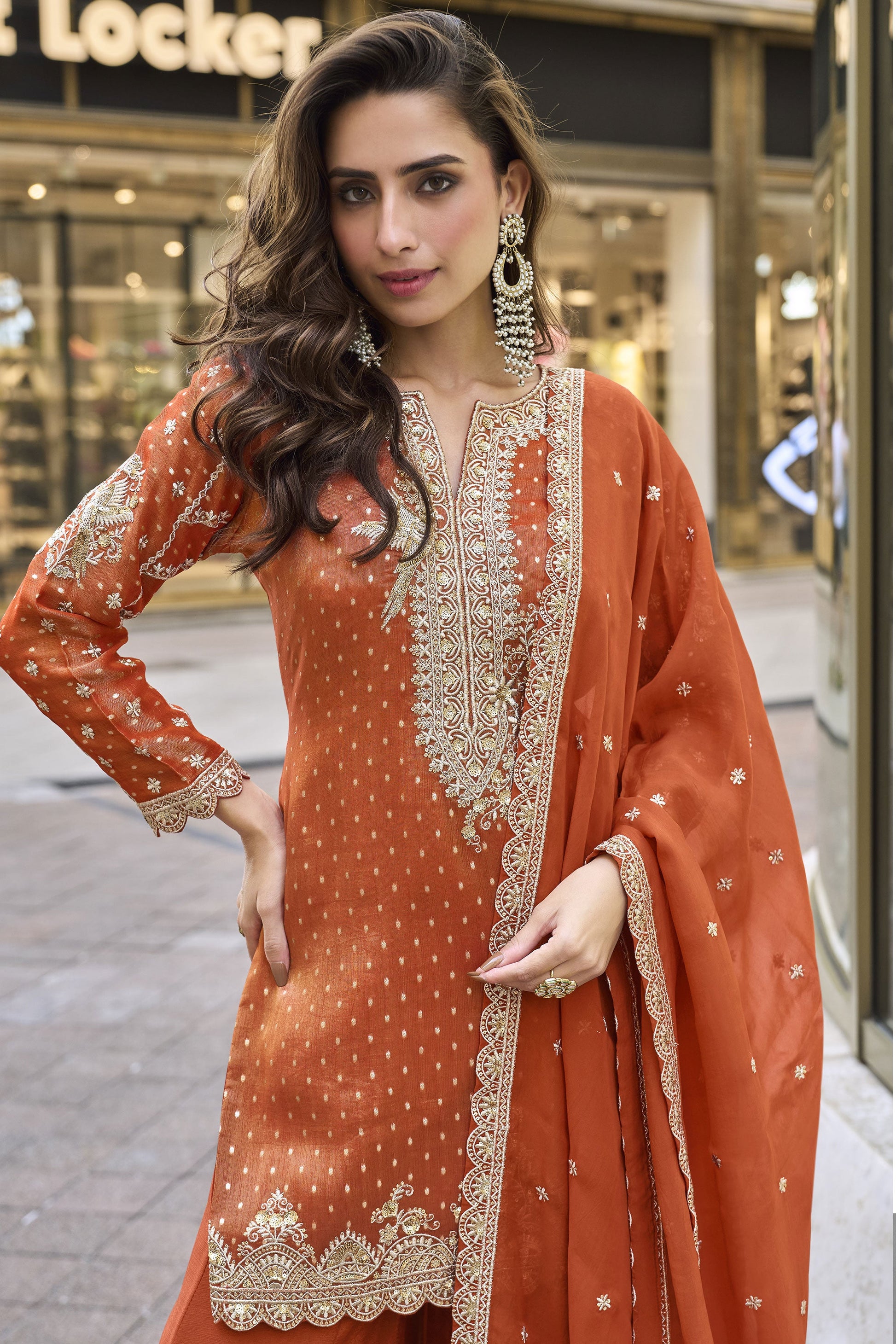 Orange Readymade Embroidered Viscose Silk Suit-SS919_2_SareeButa.com