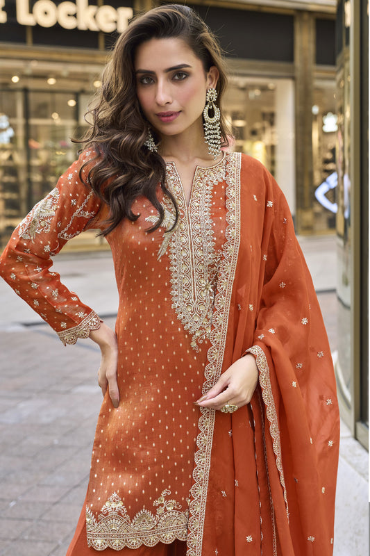 Orange Readymade Embroidered Viscose Silk Suit-SS919_2_SareeButa.com