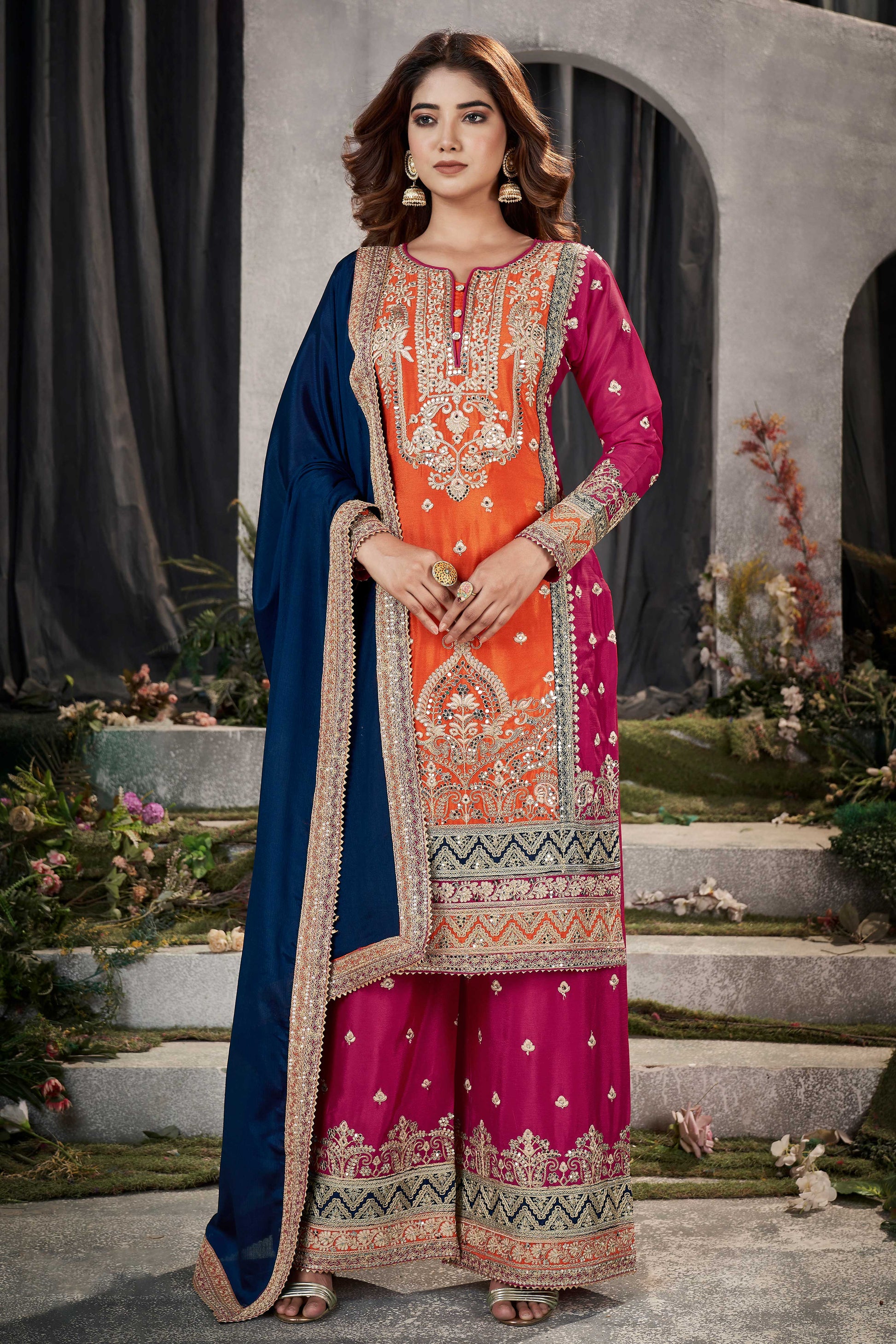 Orange Readymade Heavy Work Chinon Suit-SS081_1_SareeButa.com