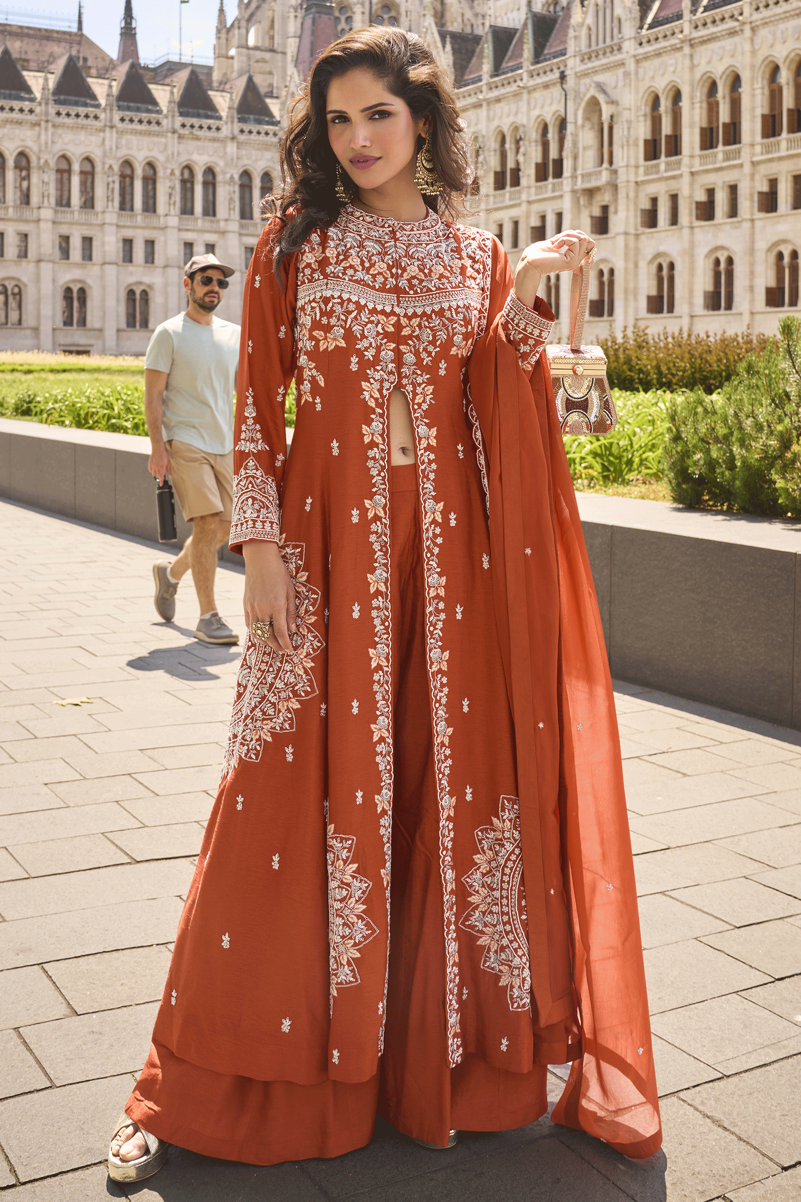 Orange Readymade Organza Silk Front Slit Palazzo Suit-SS851_1_SareeButa.com