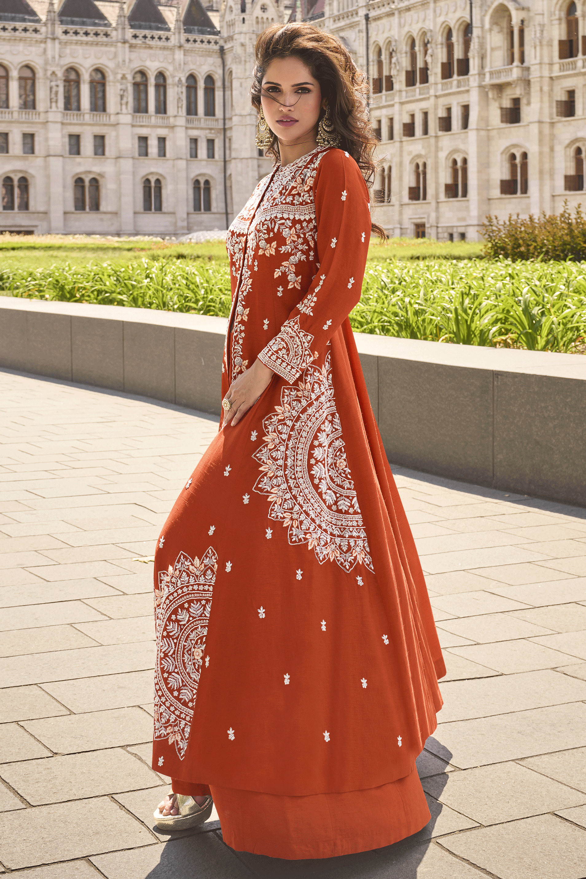 Orange Readymade Organza Silk Front Slit Palazzo Suit-SS851_3_SareeButa.com