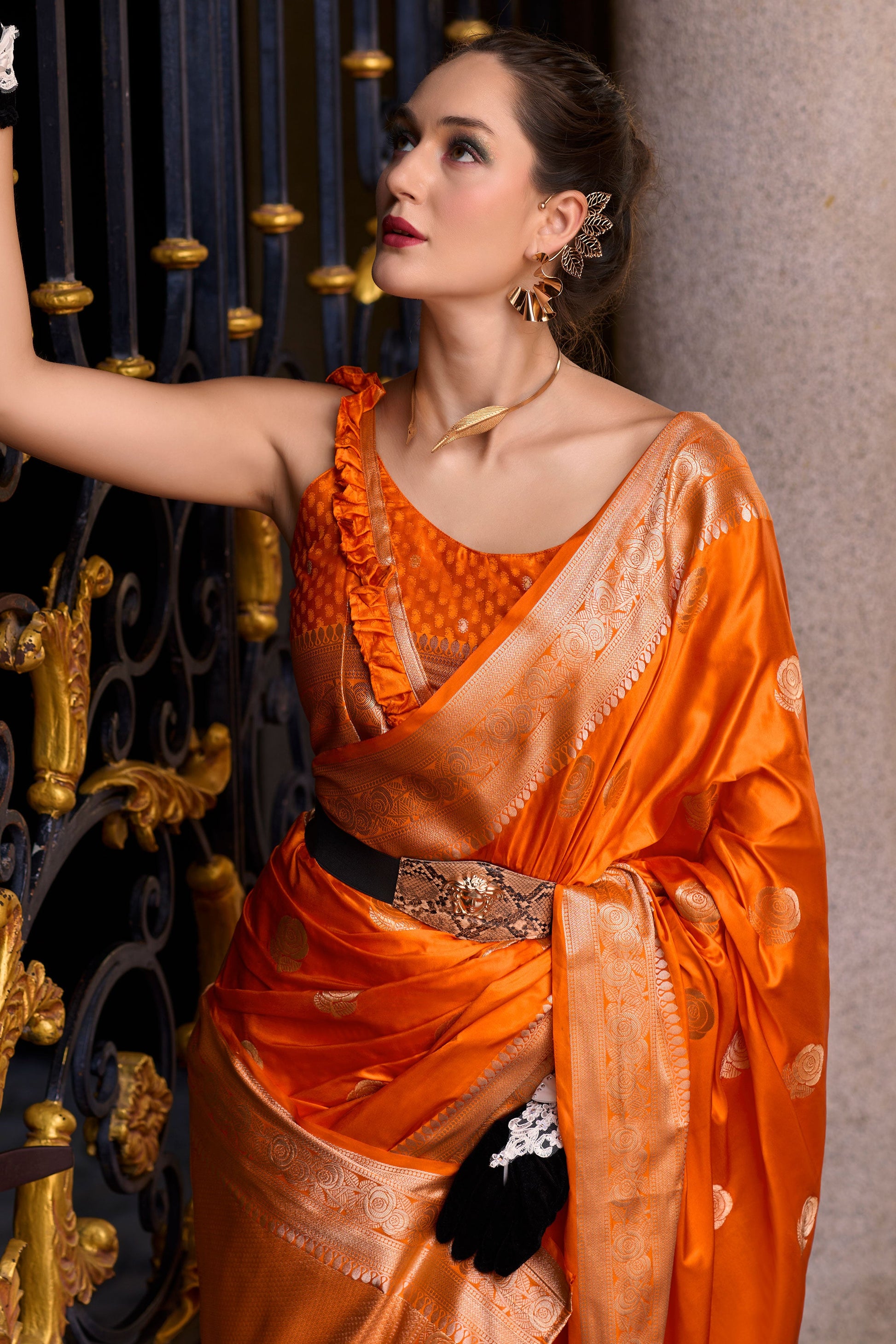 Orange Woven Satin Crepe Saree-ZB133069_2_SareeButa.com