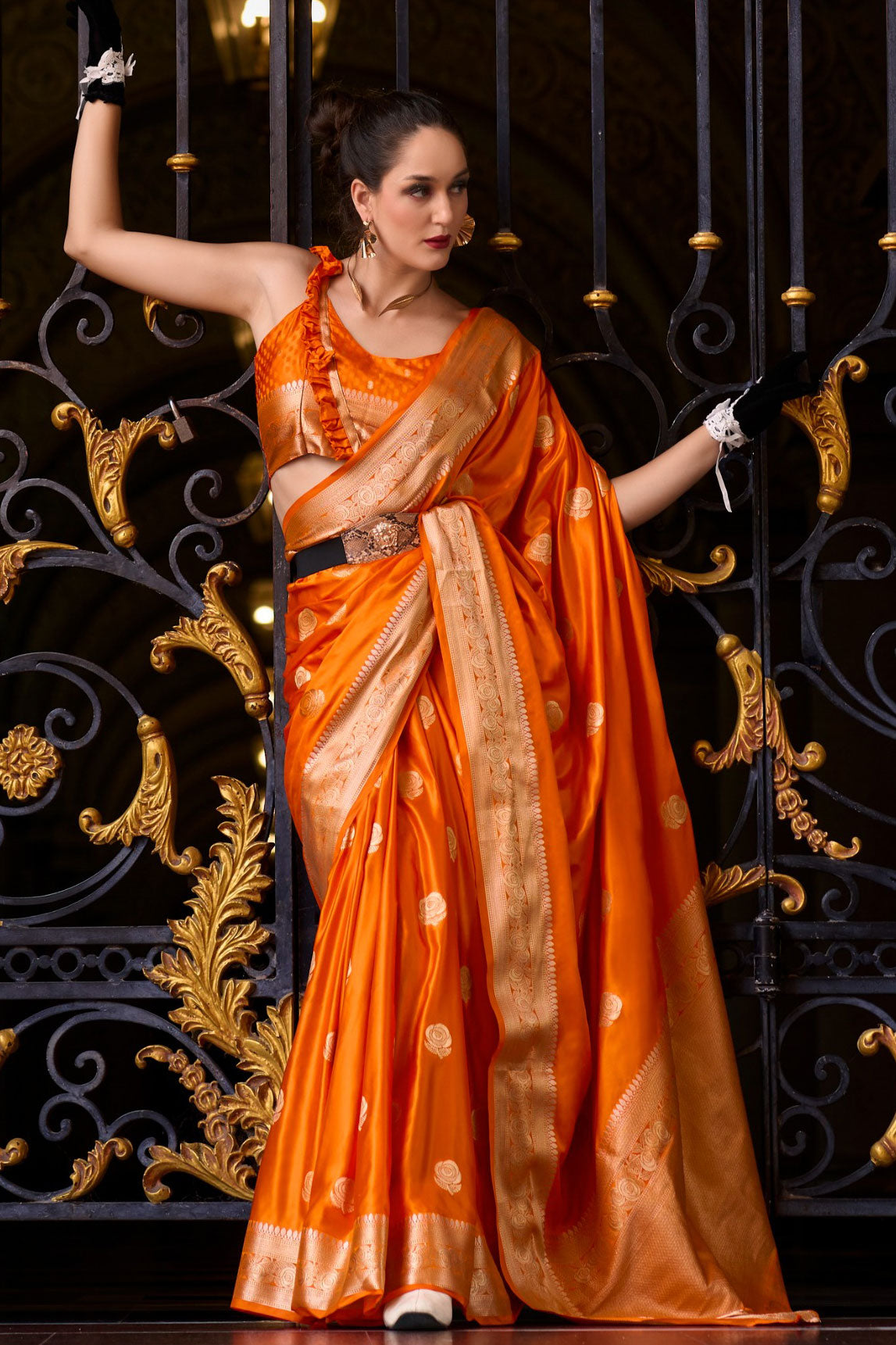 Orange Woven Satin Crepe Saree-ZB133069_3_SareeButa.com