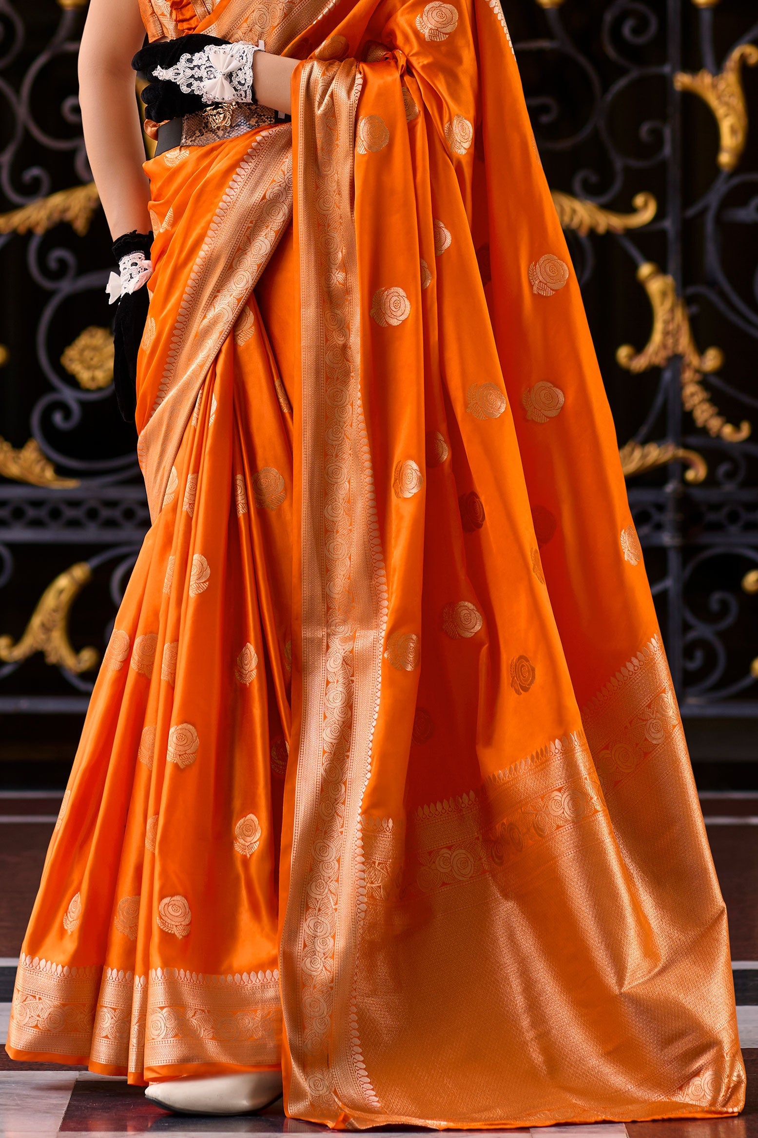 Orange Woven Satin Crepe Saree-ZB133069_4_SareeButa.com