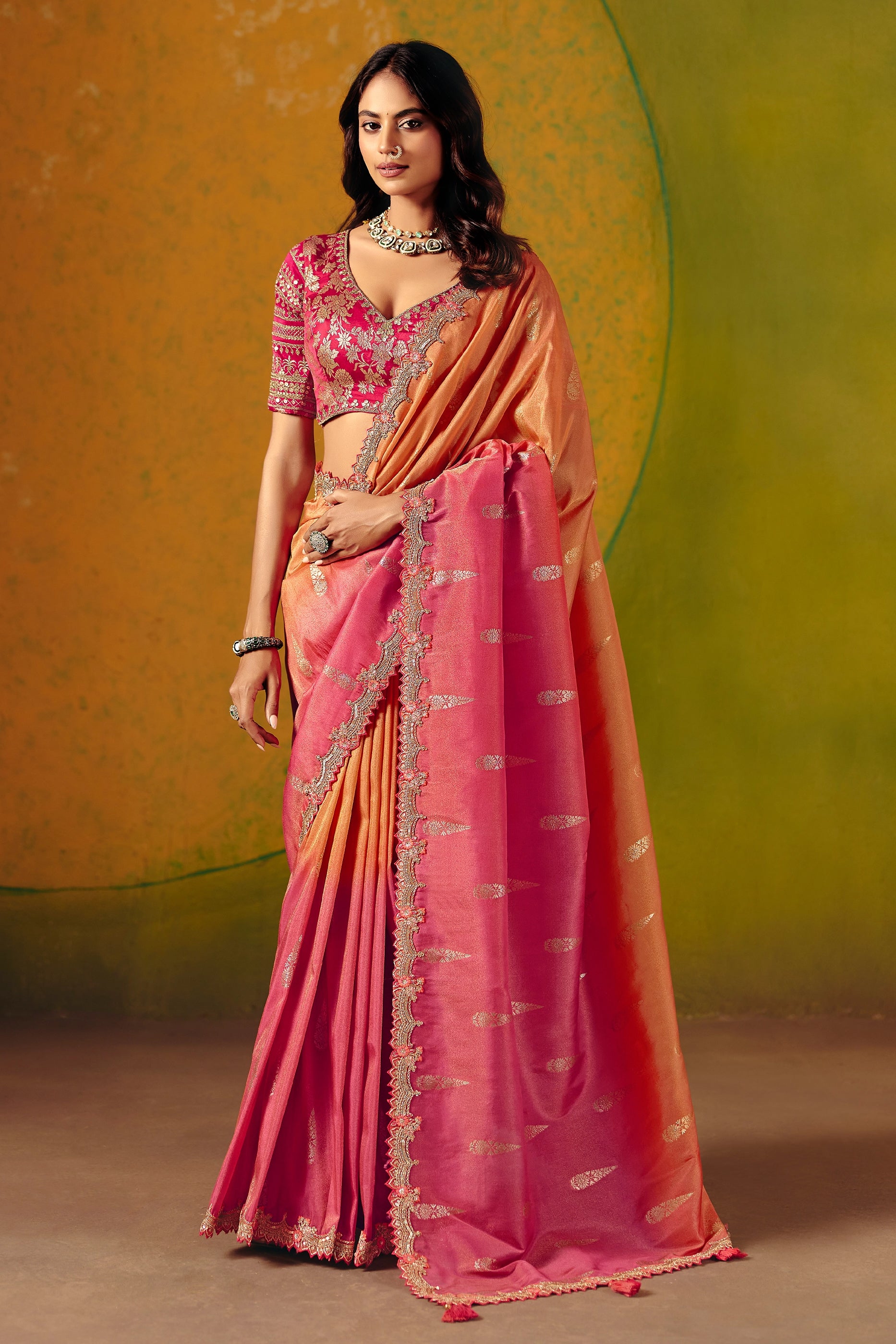 Orange And Pink Embroidered Jacquard Silk Saree-SAR12092_1_SareeButa.com