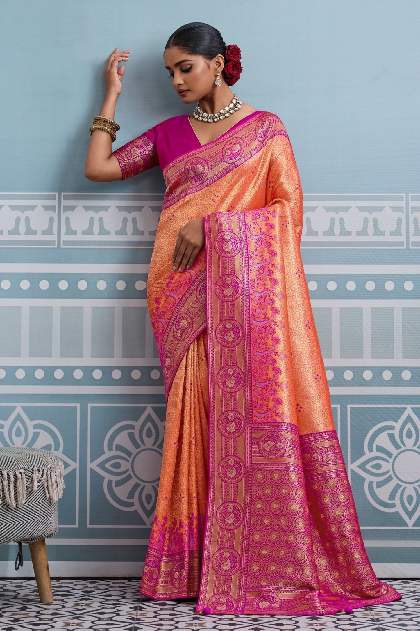 Orange And Pink Woven Kanjivaram Silk Saree-SAR10378_1_SareeButa.com