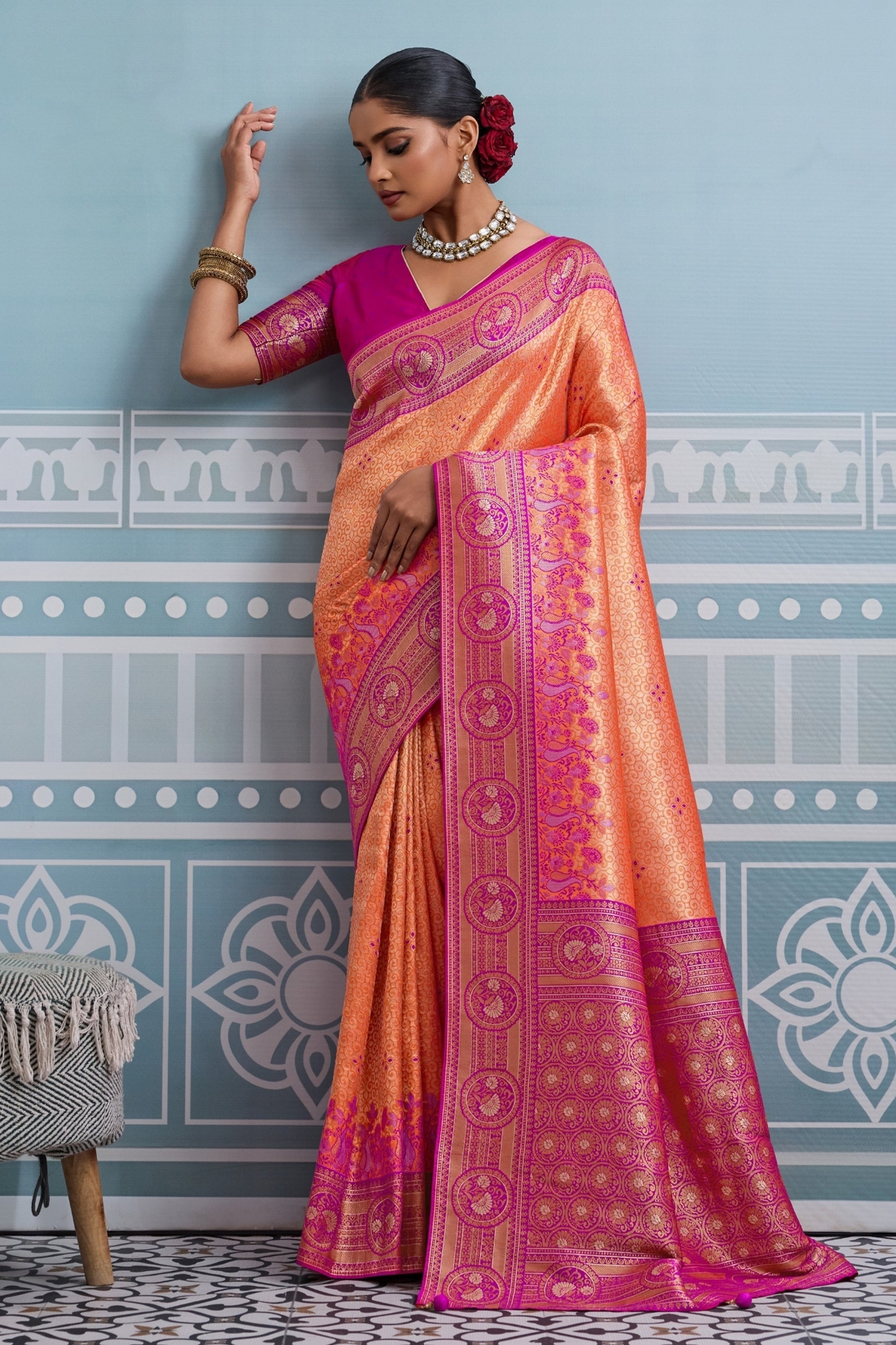 Orange And Pink Woven Kanjivaram Silk Saree-SAR10378_1_SareeButa.com