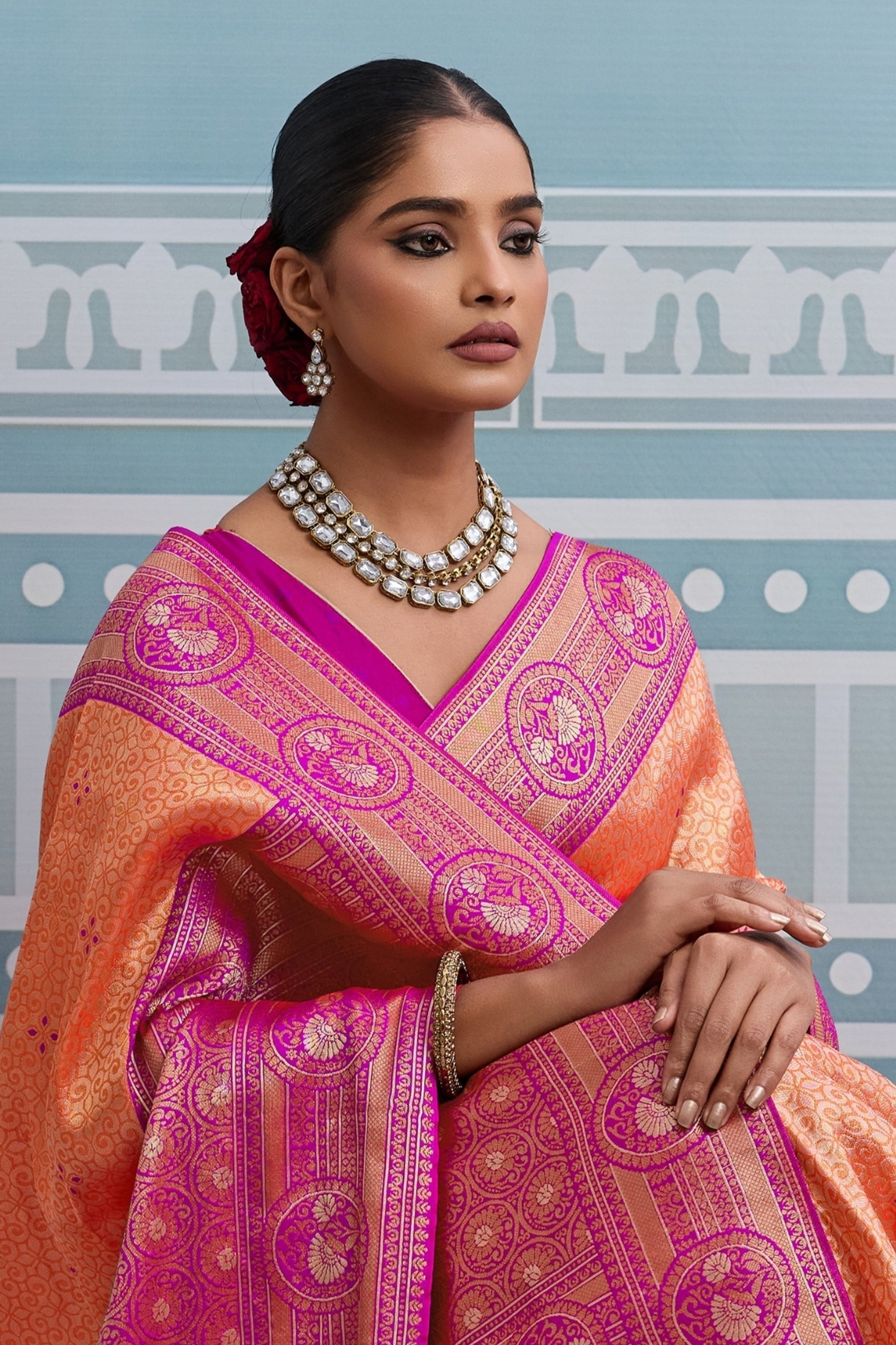 Orange And Pink Woven Kanjivaram Silk Saree-SAR10378_2_SareeButa.com