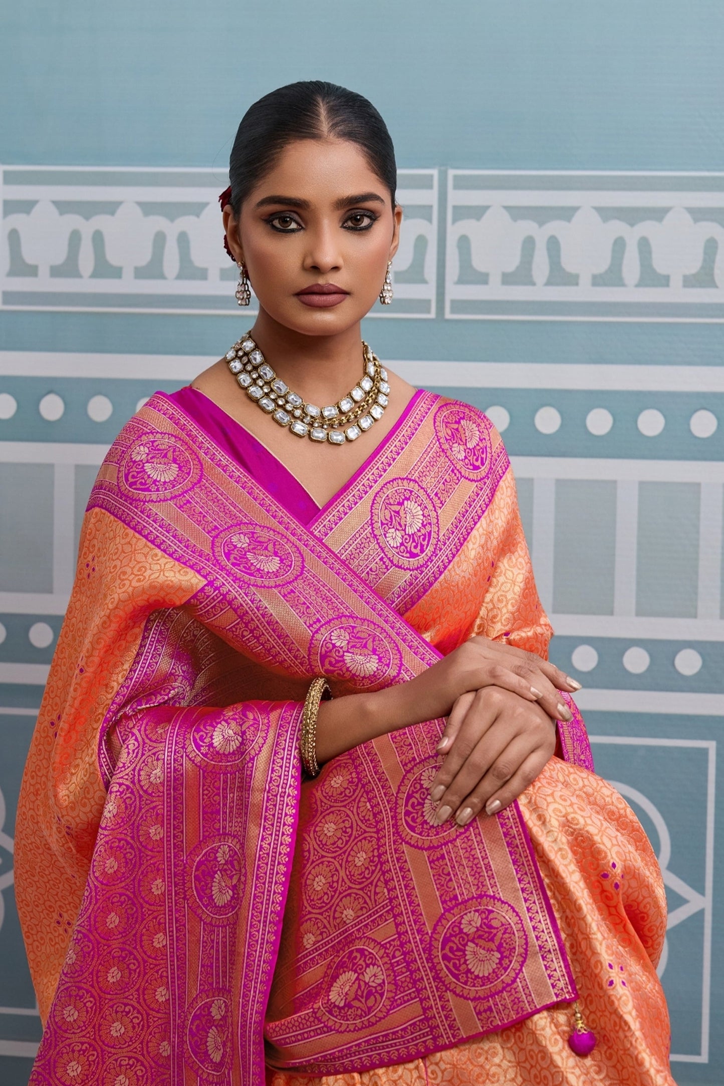 Orange And Pink Woven Kanjivaram Silk Saree-SAR10378_3_SareeButa.com