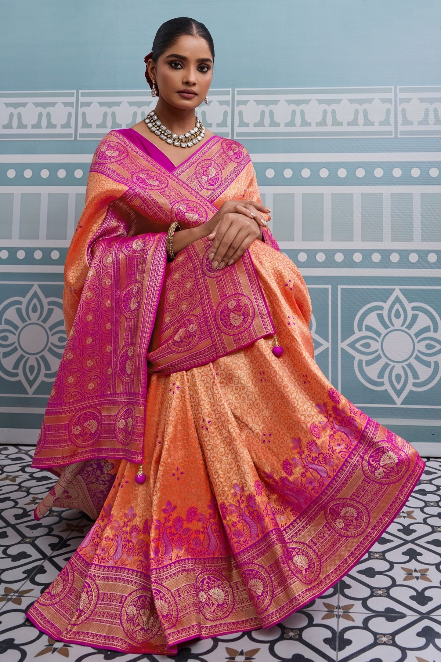 Orange And Pink Woven Kanjivaram Silk Saree-SAR10378_4_SareeButa.com