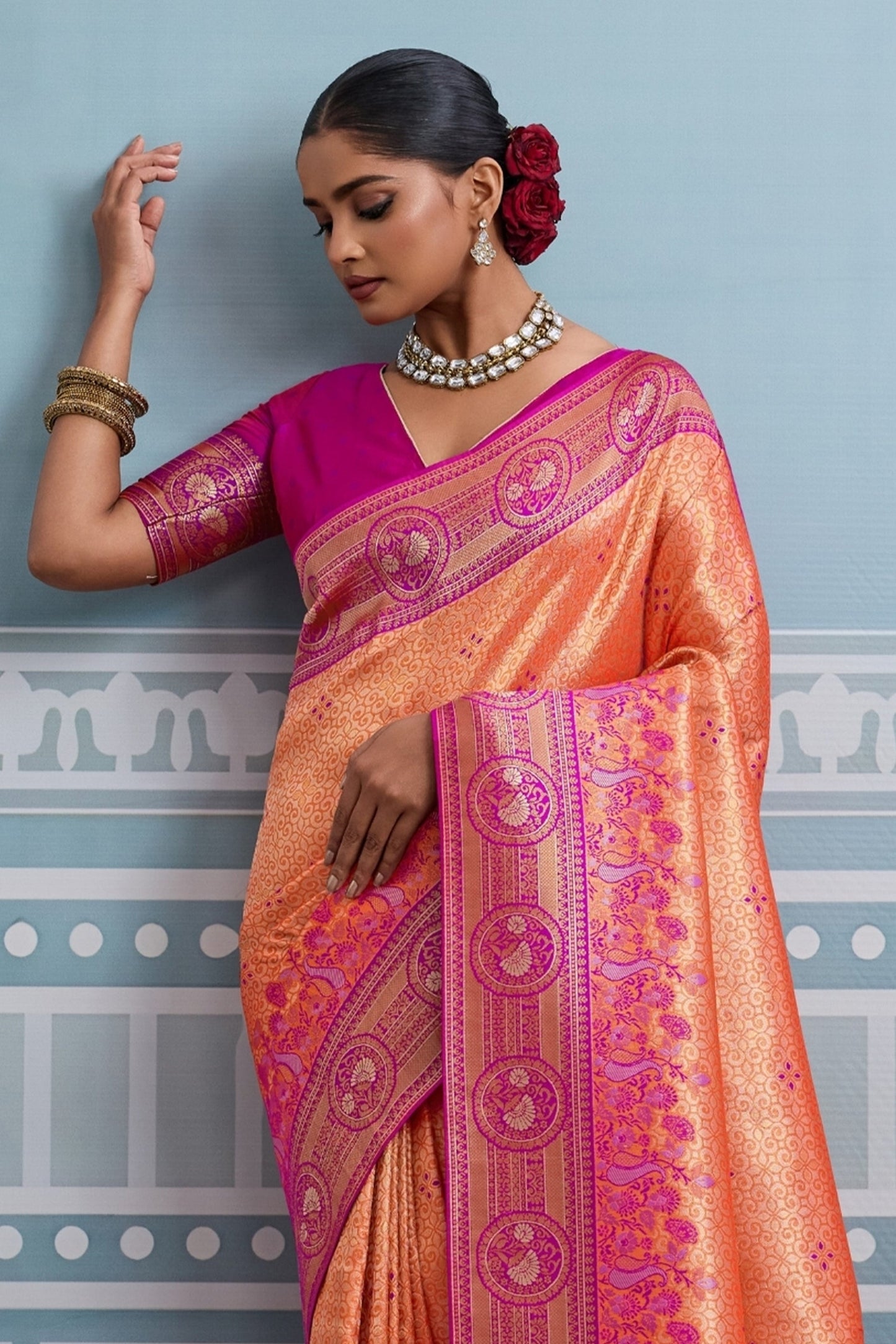 Orange And Pink Woven Kanjivaram Silk Saree-SAR10378_5_SareeButa.com