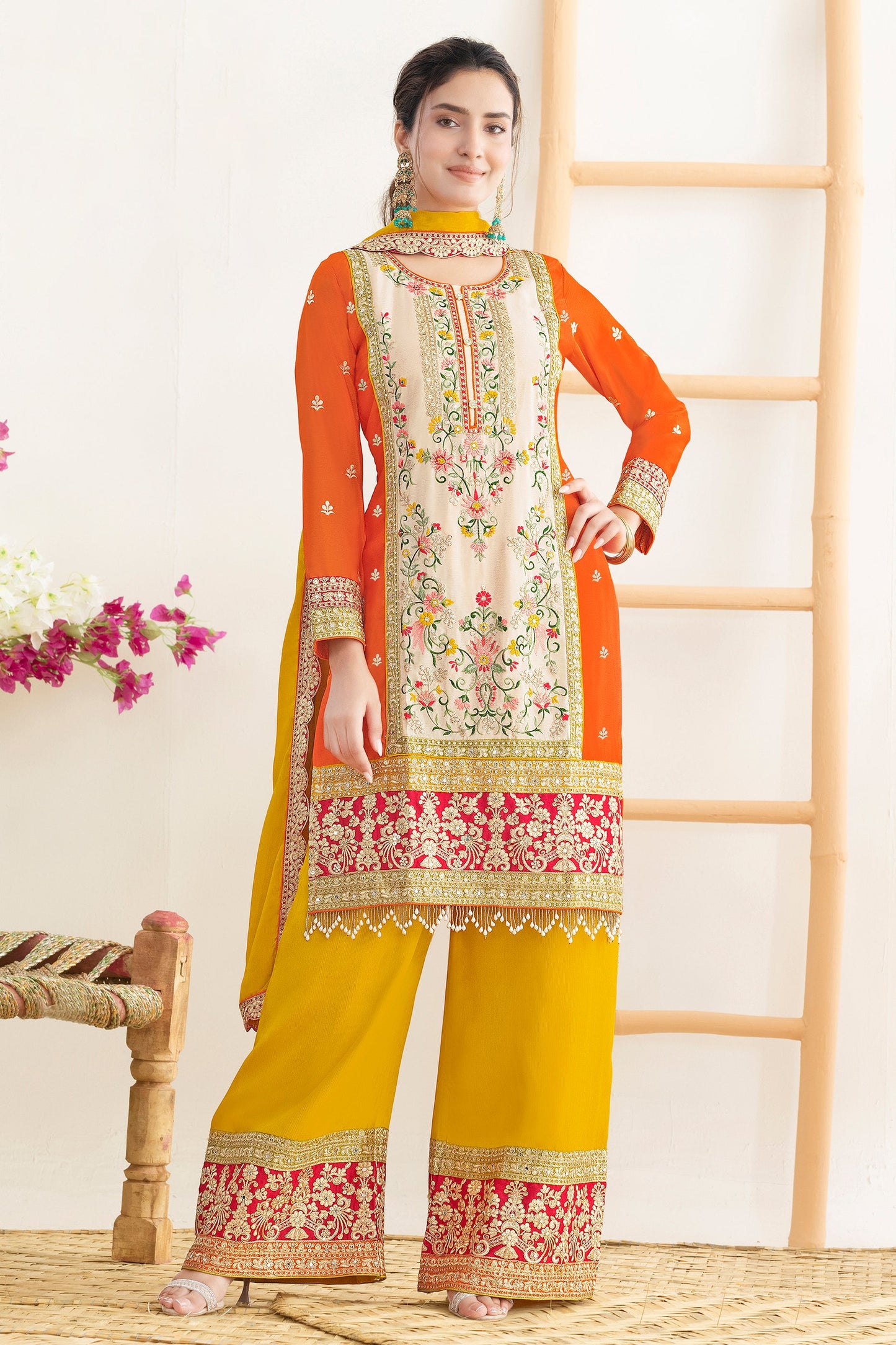 Orange And Yellow Readymade Embroidered Chinon Suit-SAR11107_1_SareeButa.com