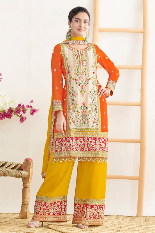 Orange And Yellow Readymade Embroidered Chinon Suit-SAR11107_1_SareeButa.com