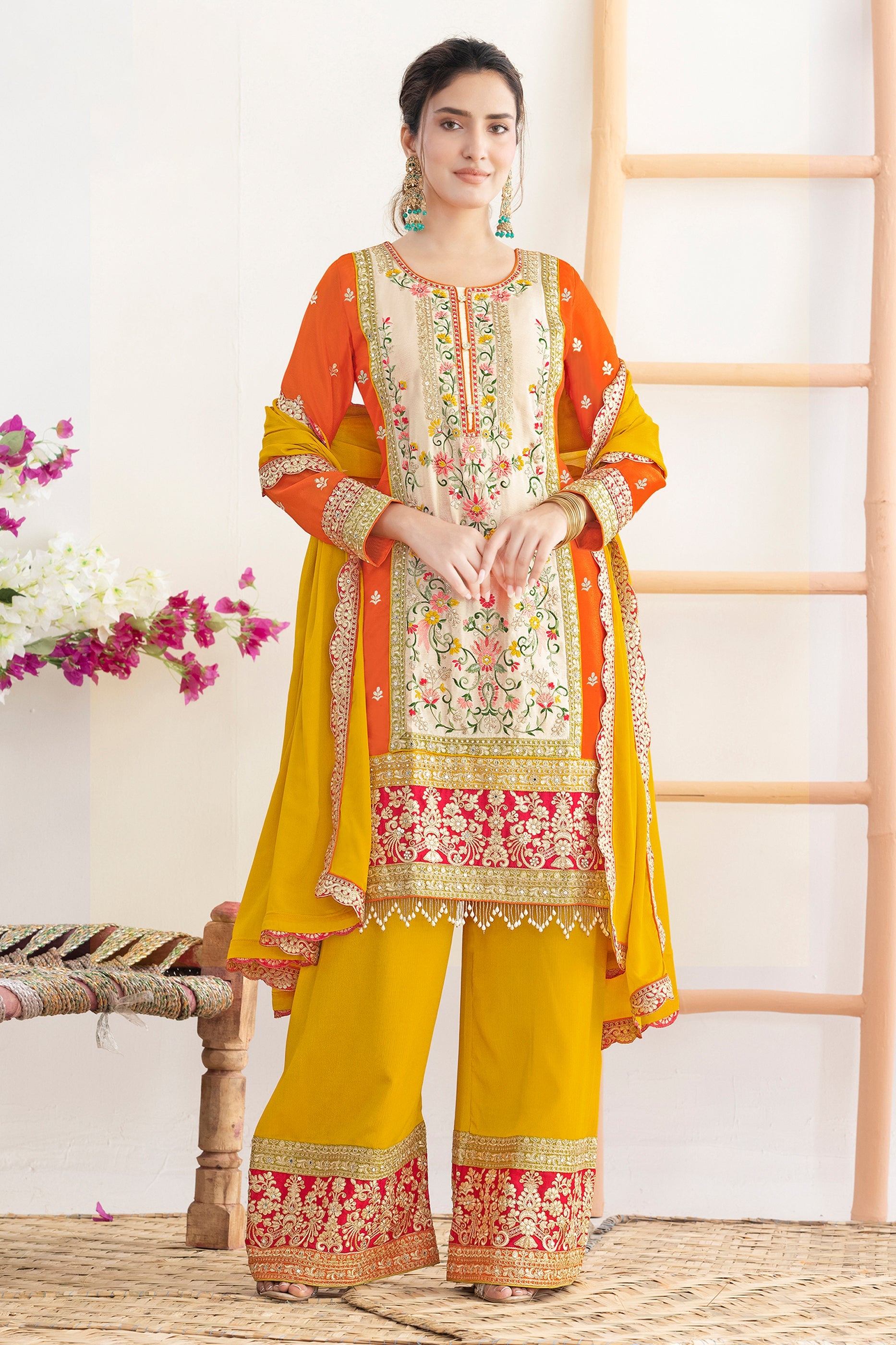 Orange And Yellow Readymade Embroidered Chinon Suit-SAR11107_3_SareeButa.com