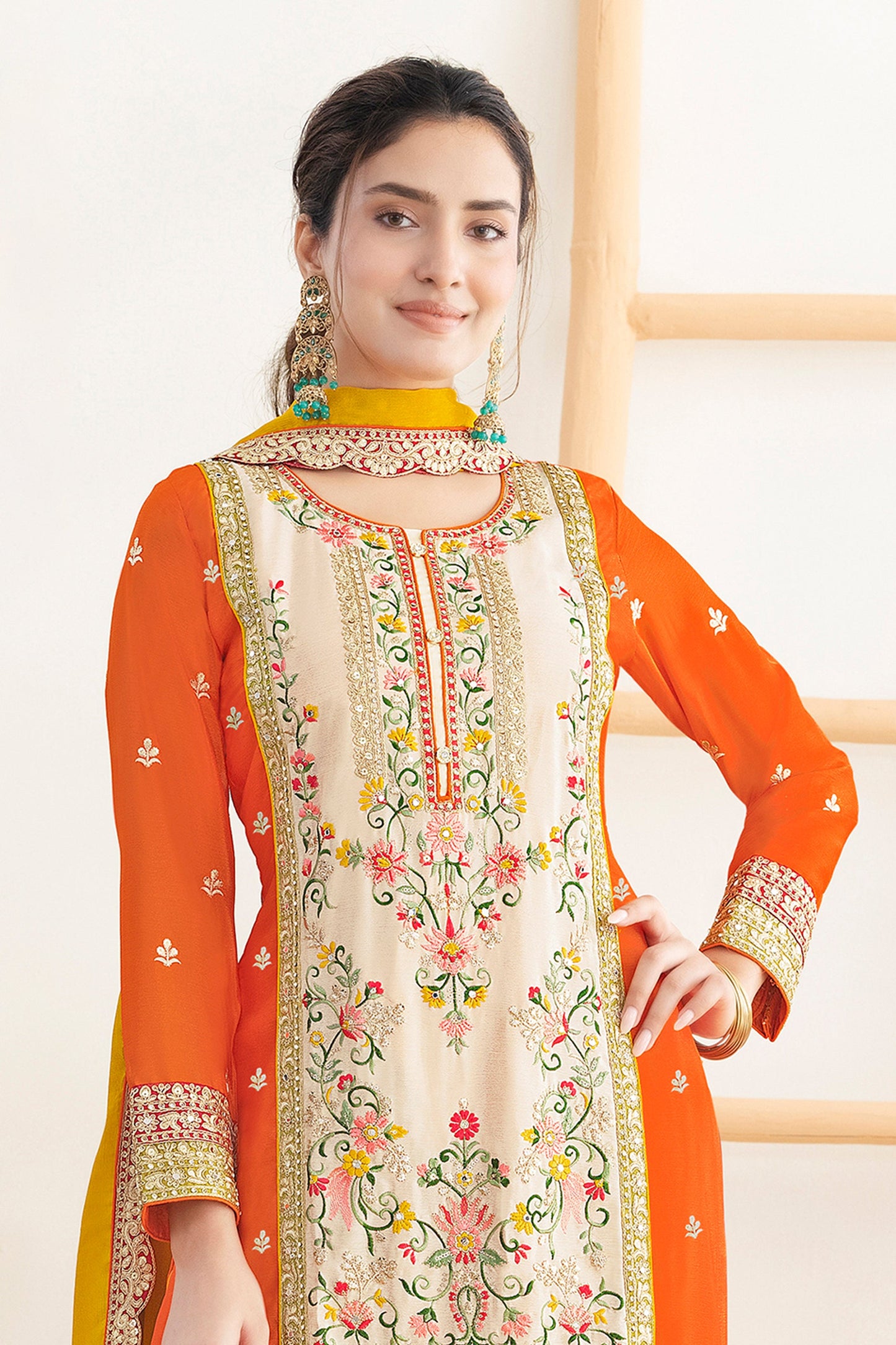 Orange And Yellow Readymade Embroidered Chinon Suit-SAR11107_4_SareeButa.com