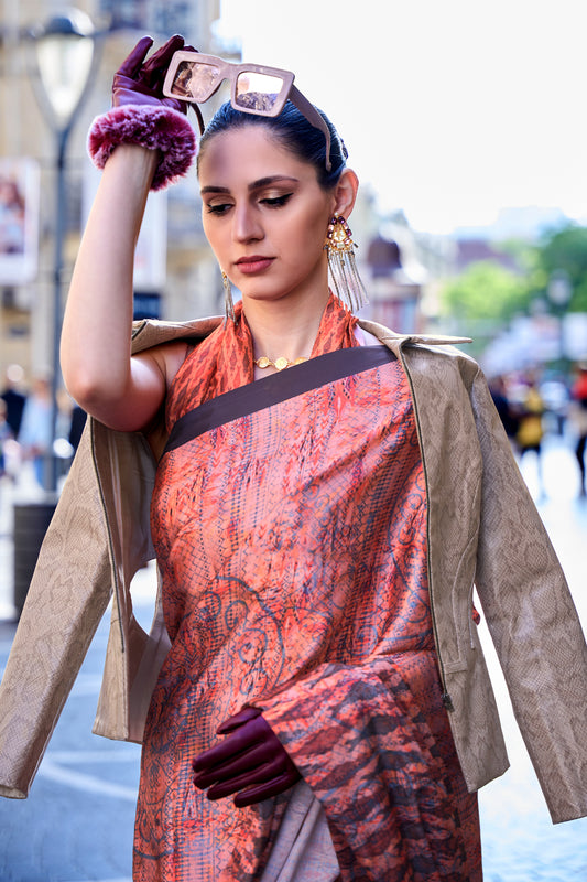 Orange Digital Print Satin Saree-SAR12396_2_SareeButa.com