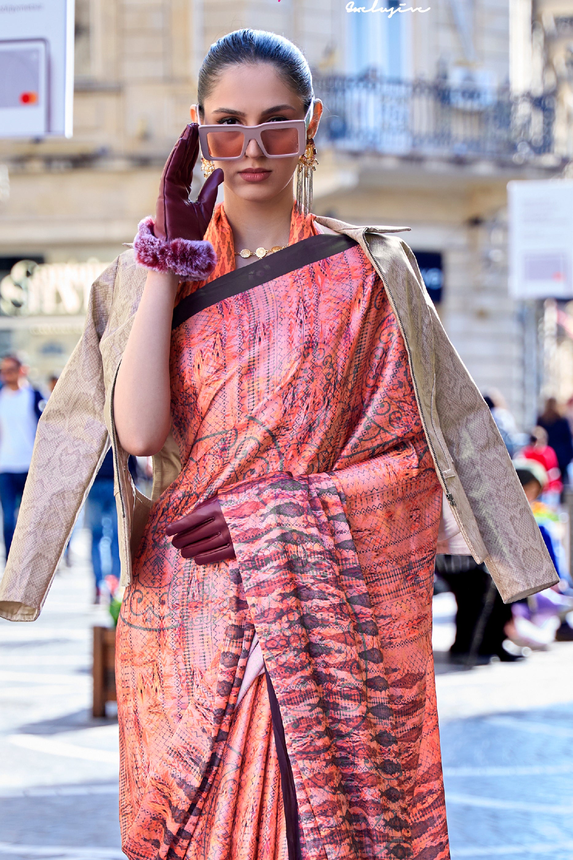 Orange Digital Print Satin Saree-SAR12396_3_SareeButa.com