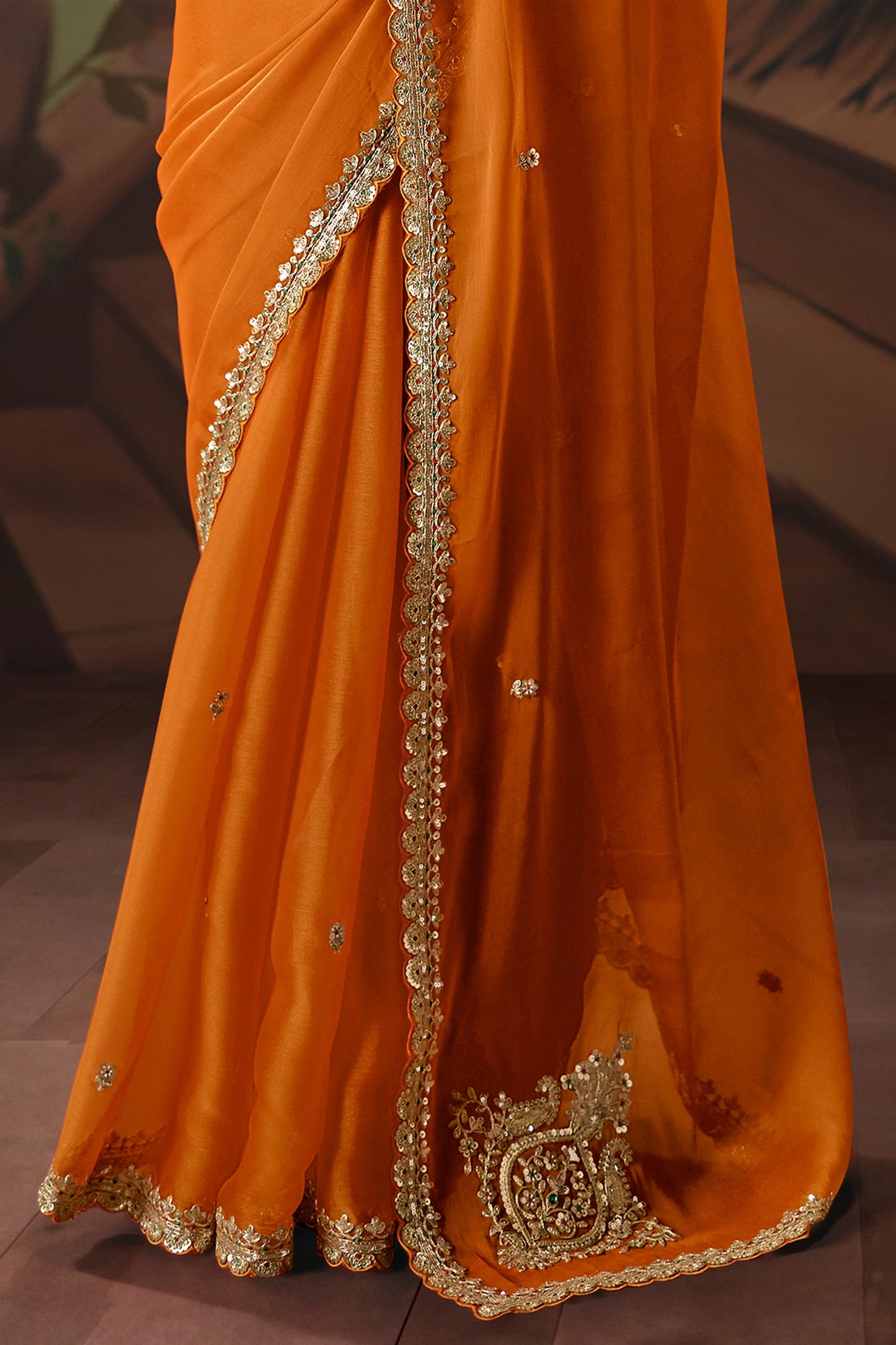 Orange Embroidered Organza Saree