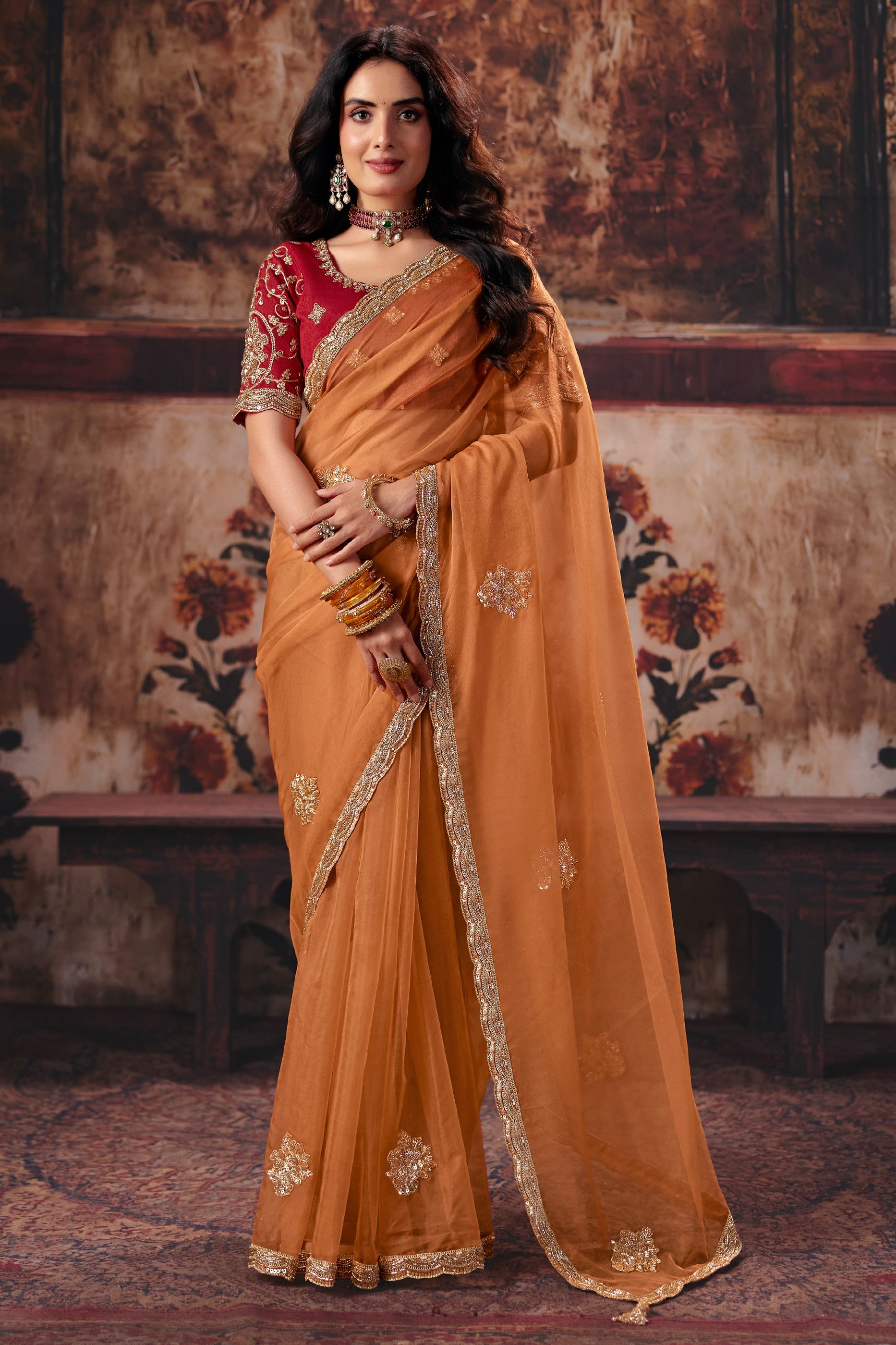 Orange Embroidered Organza Saree-SAR13198_1_SareeButa.com