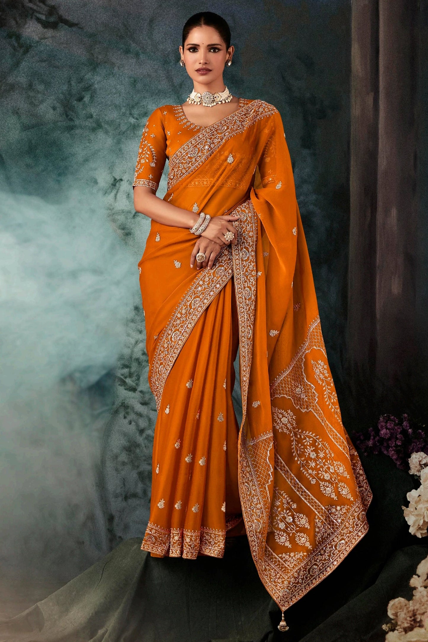 Orange Embroidered Organza Silk Saree-SAR11119_1_SareeButa.com