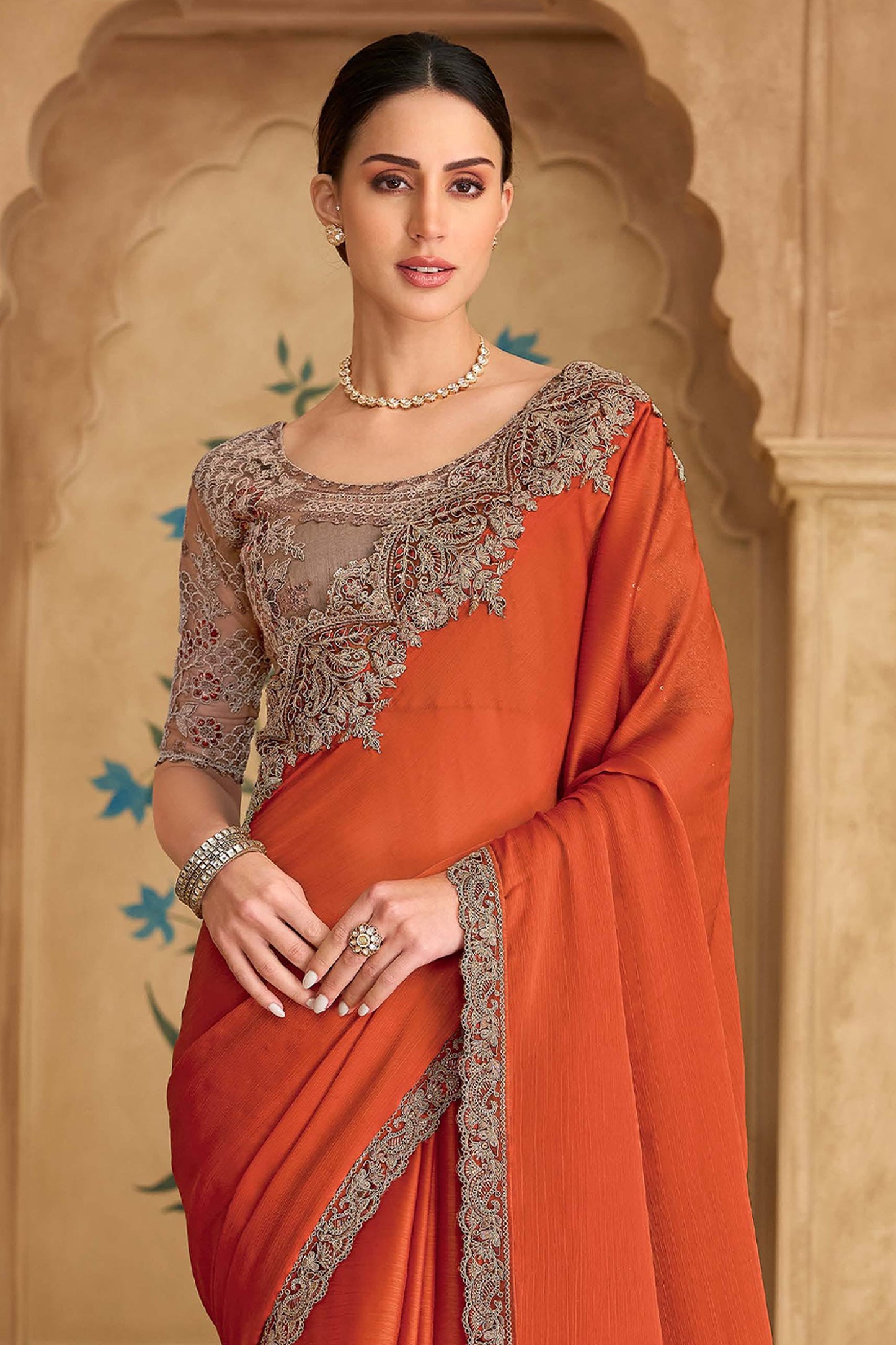 Orange Embroidered Satin Chiffon Saree-SAR11711_3_SareeButa.com